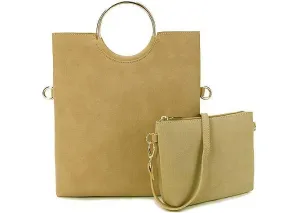 2 PIECE FAUX SUEDE HOLDALL HANDBAG / FOLD-OVER CLUTCH BAG WITH CROSS-BODY BAG - BEIGE