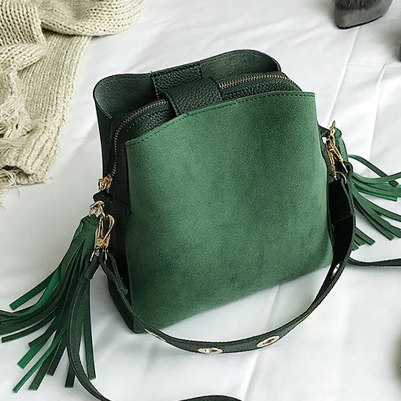 2018 Fashion Scrub Women Bucket Bag Vintage Tassel Messenger Bag High Quality Retro Shoulder Bag