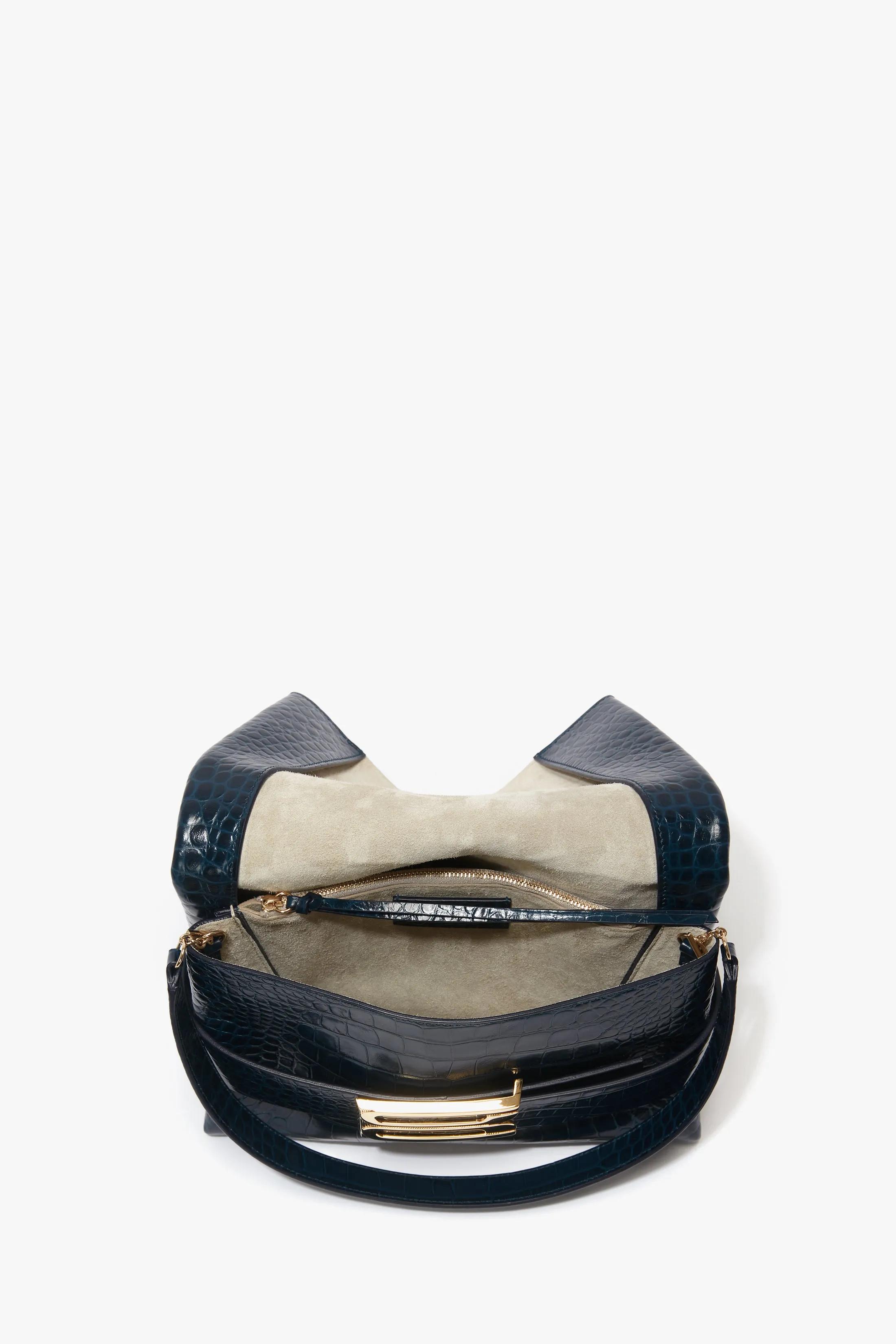 B Pouch Bag In Croc Embossed Midnight Blue Leather