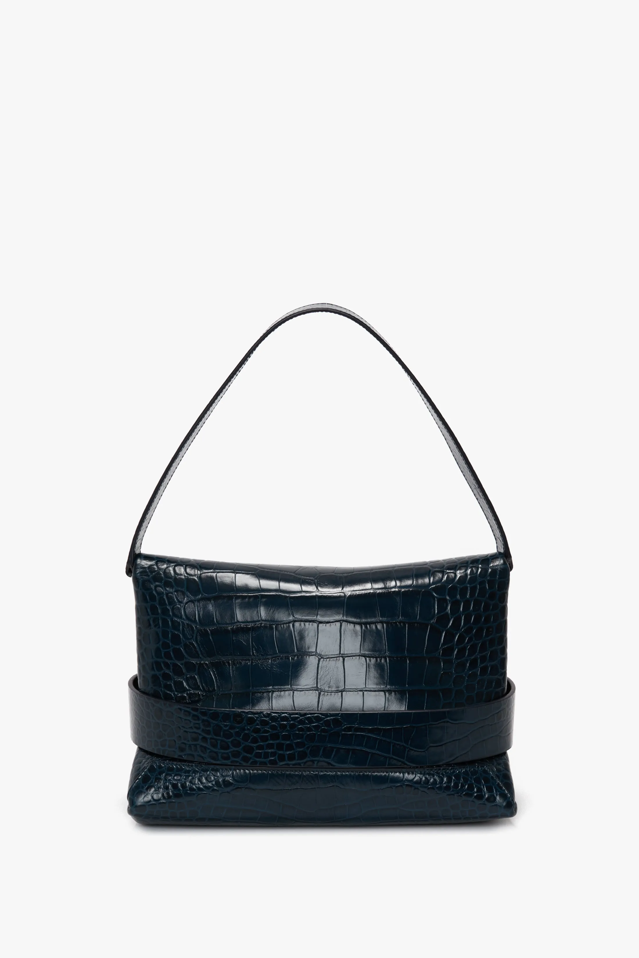 B Pouch Bag In Croc Embossed Midnight Blue Leather