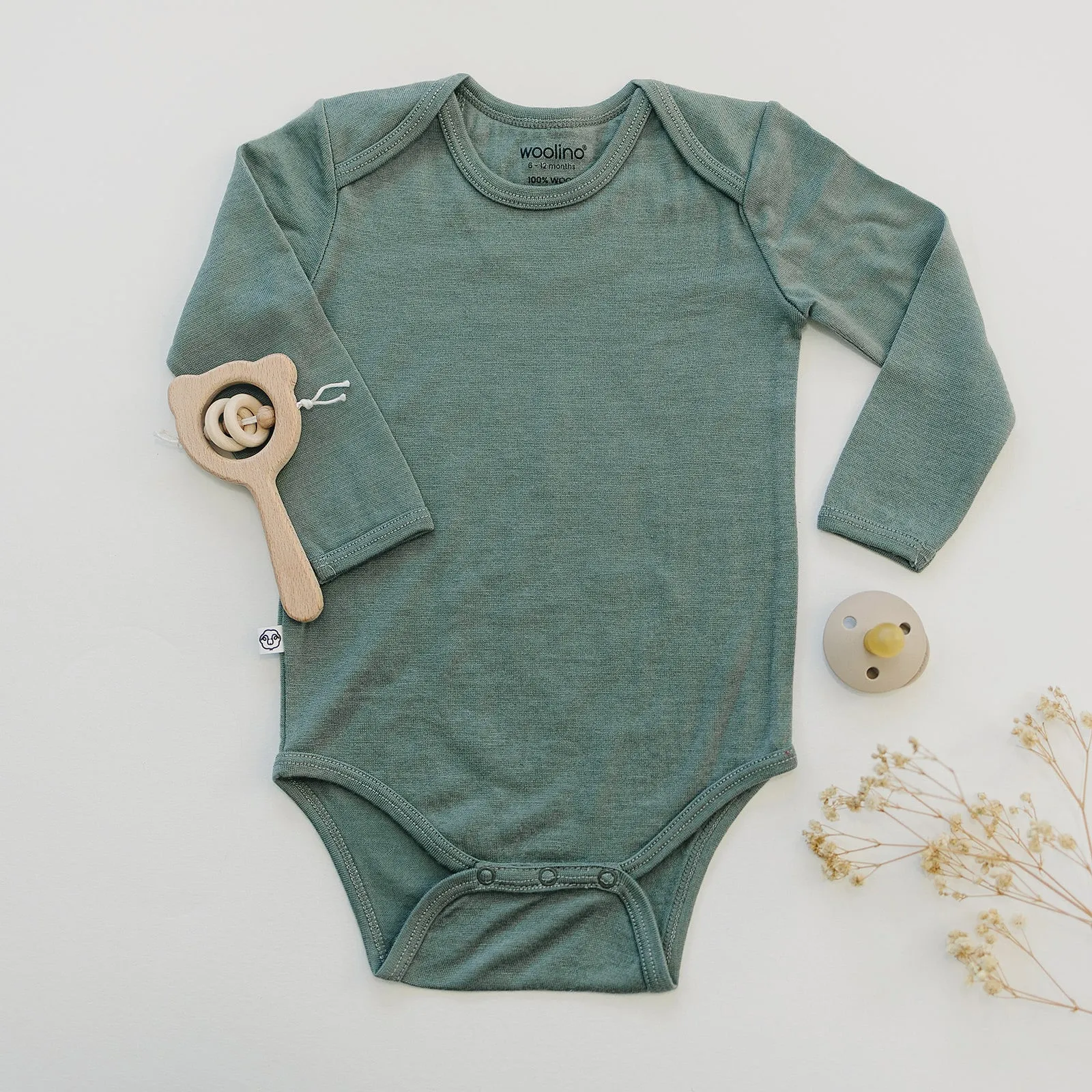 Baby Bodysuit, Long Sleeve, Merino Wool, Sage