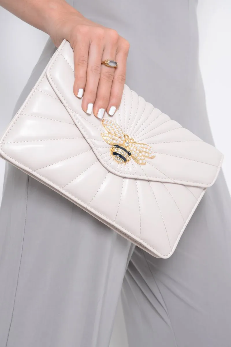 Beige Encrusted Bee Clutch Bag - Peyton