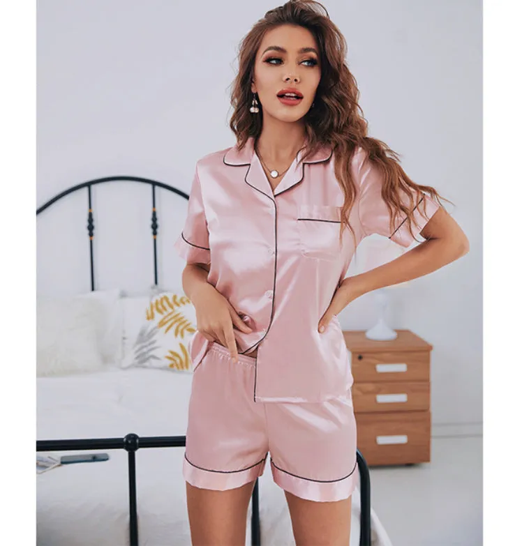 BerriesJam - 2024 Silk Satin Short Sleeve Two-piece Pajamas Set