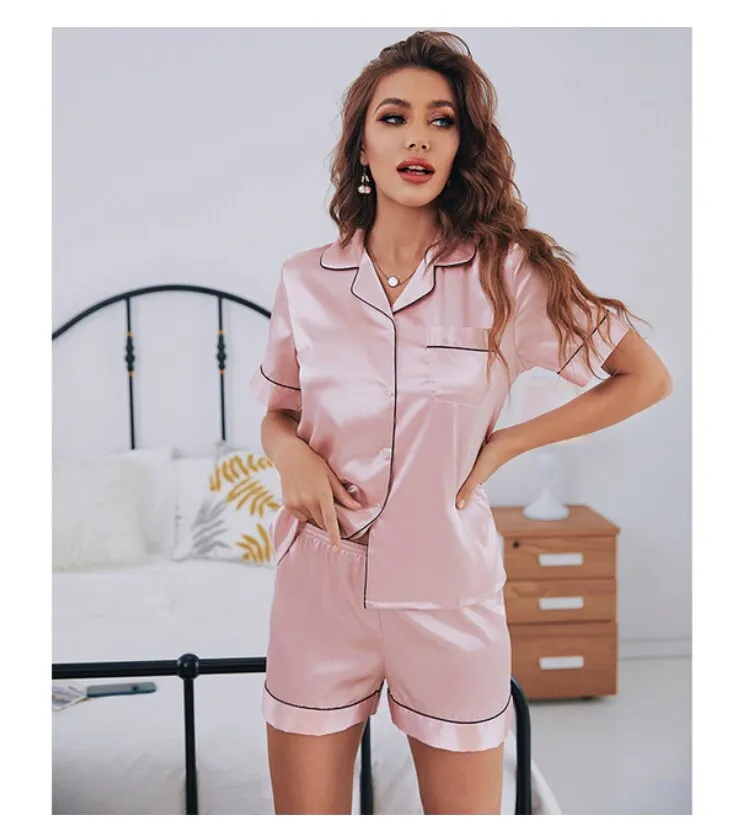 BerriesJam - 2024 Silk Satin Short Sleeve Two-piece Pajamas Set