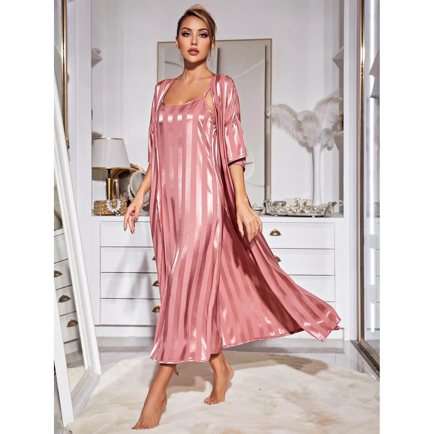 BerriesJam - 2024 Two Pieces Long Robe Silk-like Pajamas Set