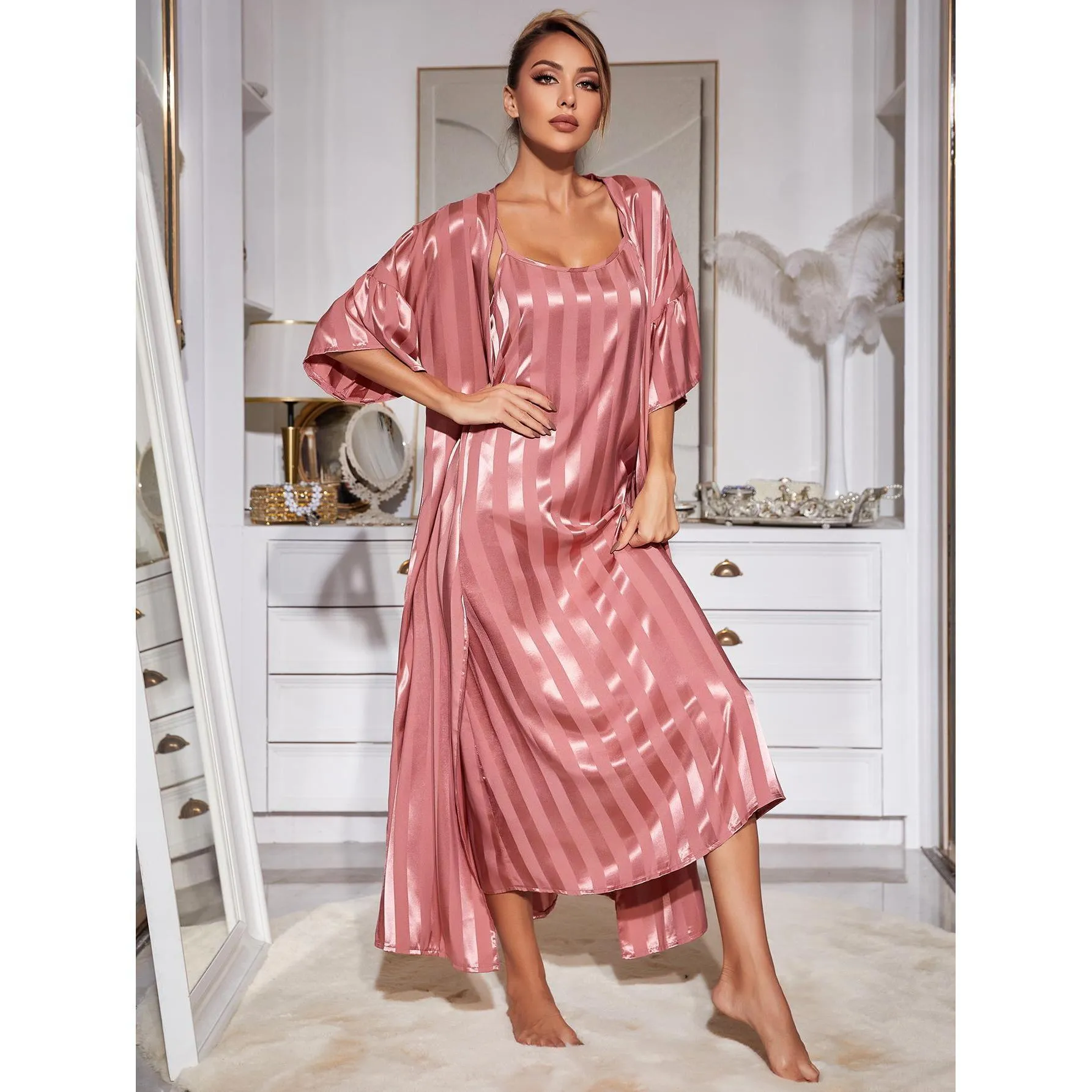 BerriesJam - 2024 Two Pieces Long Robe Silk-like Pajamas Set