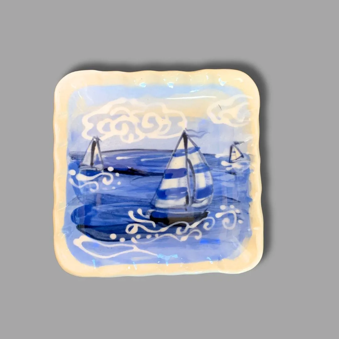 Blue and White Sailboat Square Tray