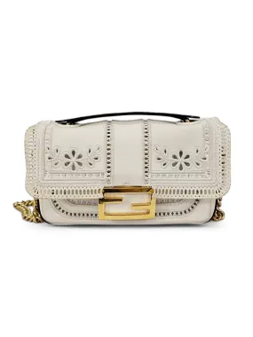 Fendi White Embroidered Leather and Canvas Bolsa Bag - Stylish Designer Handbag