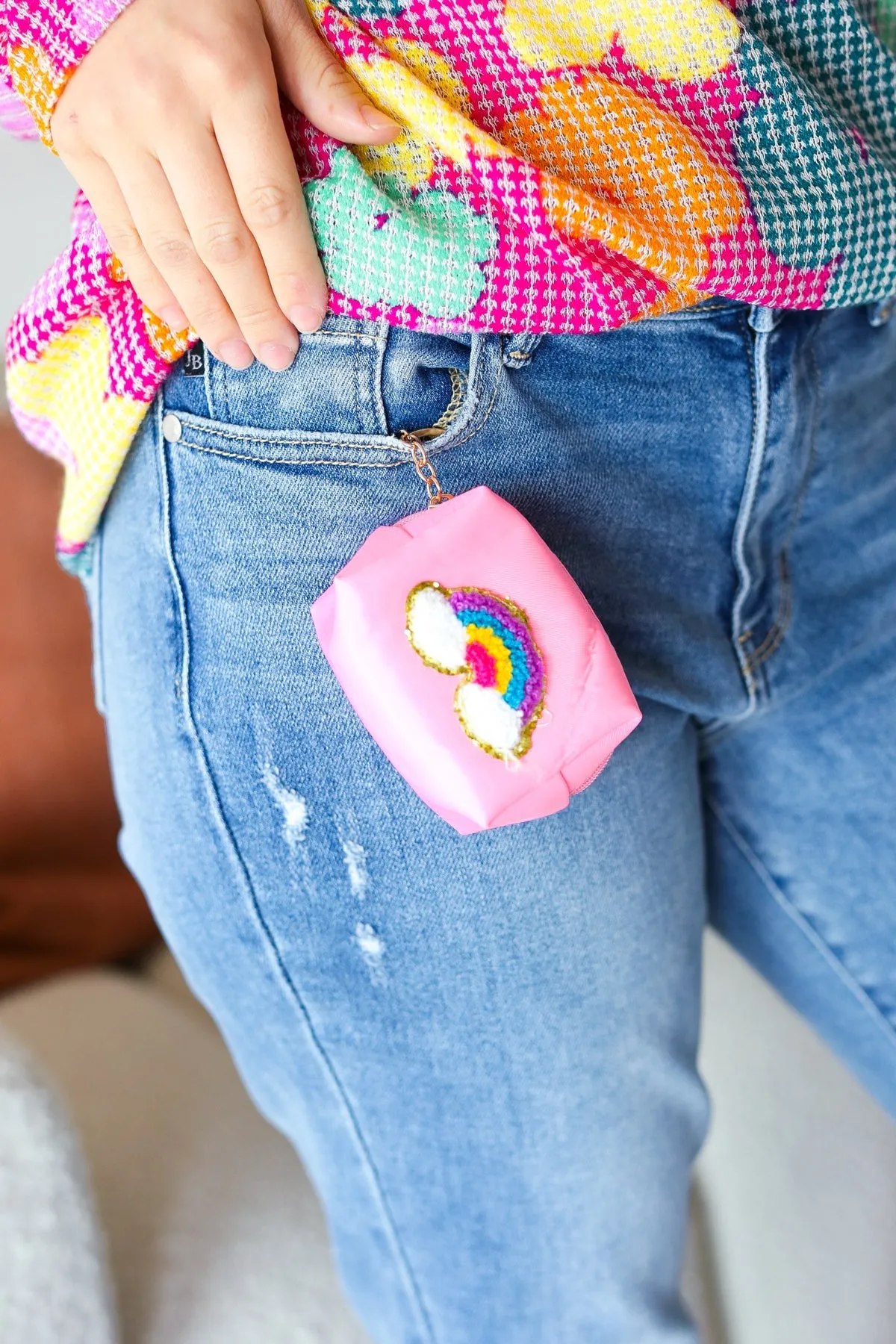 Bubblegum Pink Rainbow Patch Coin Purse Keychain