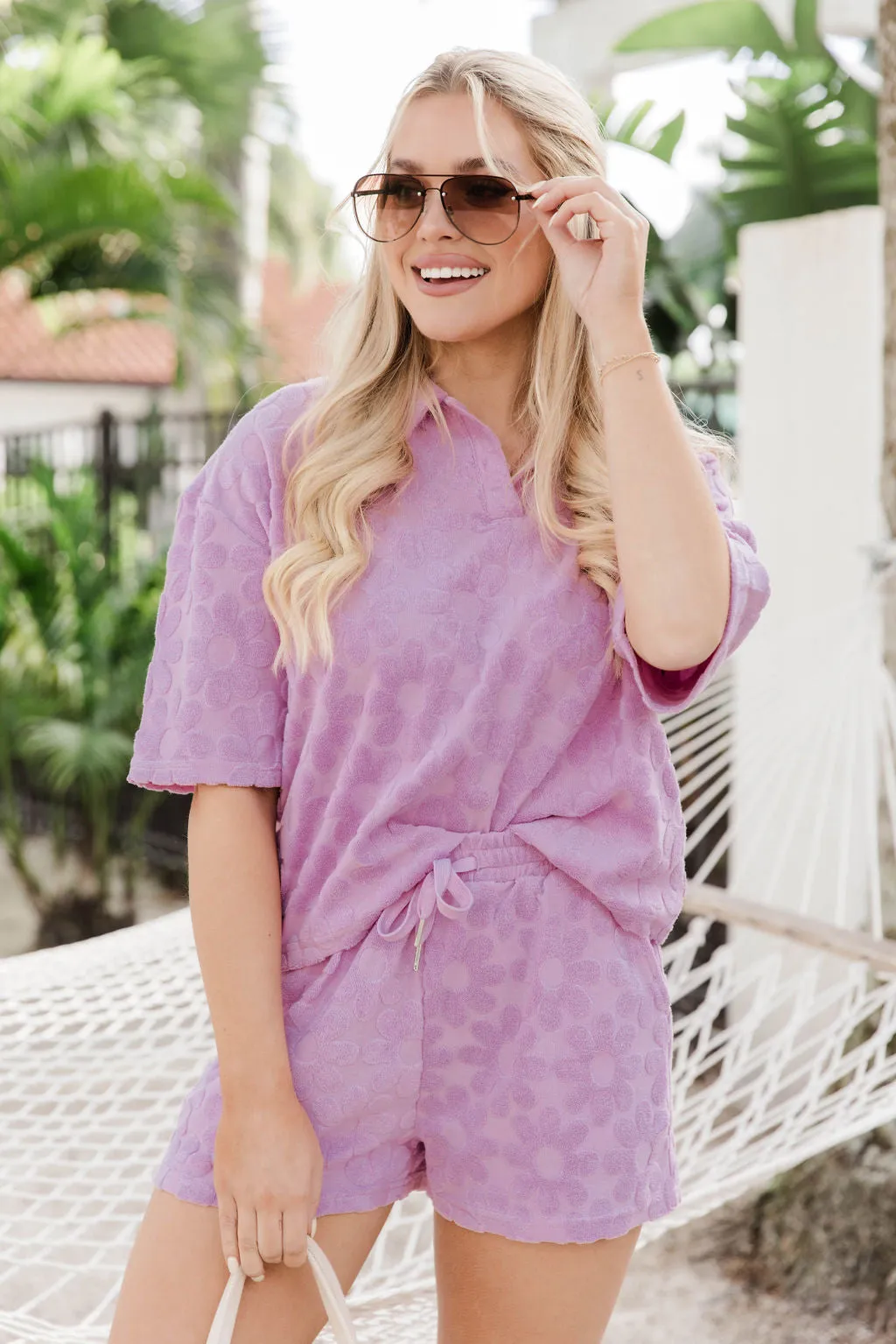 Can't Stay Away Purple Terry Daisy Printed Collared Tee FINAL SALE