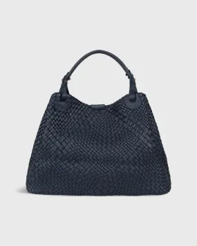 Cate Handwoven Satchel Bag in Navy Leather