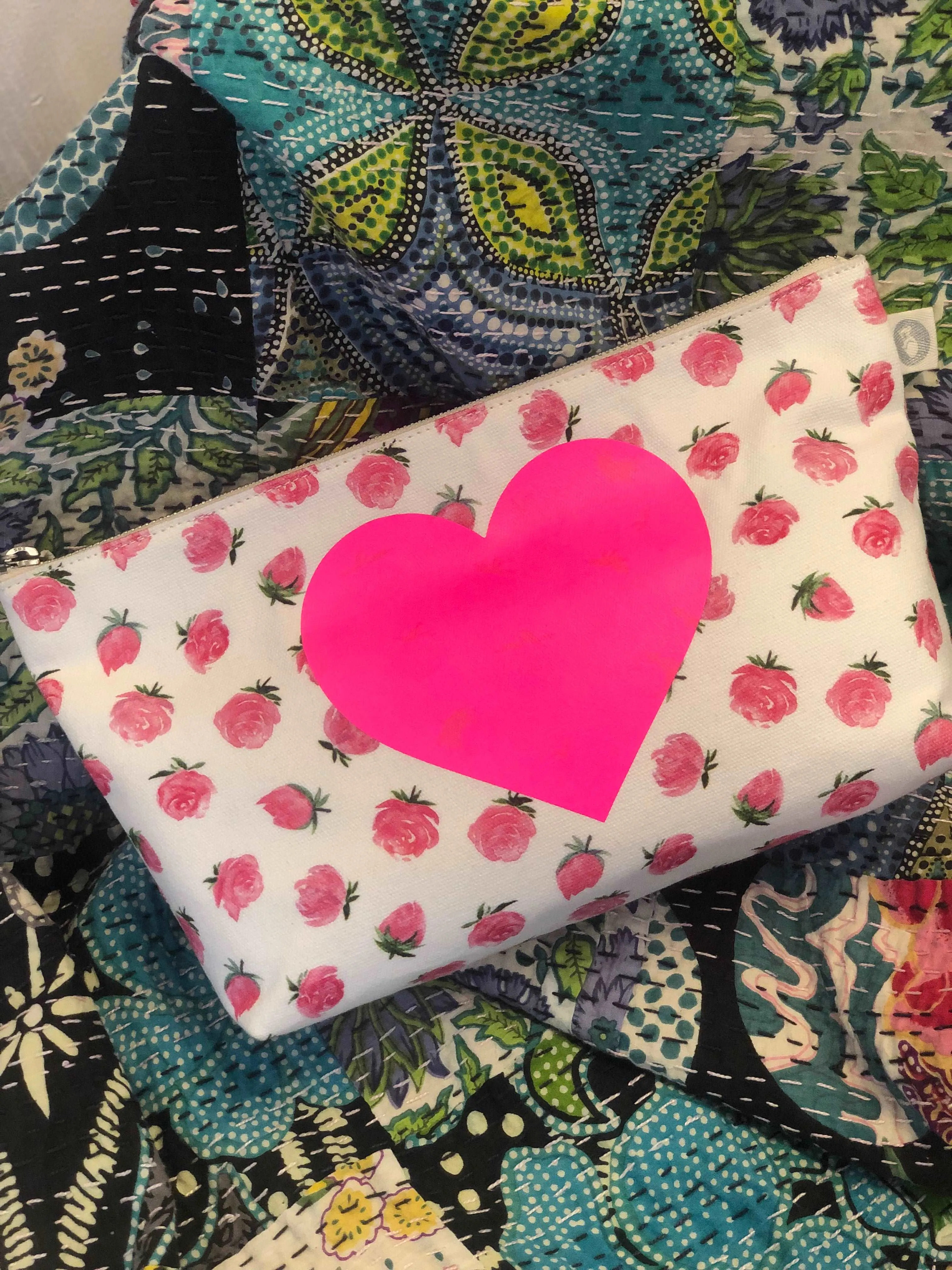 Clutch Bag: White Floral with PINK HEART