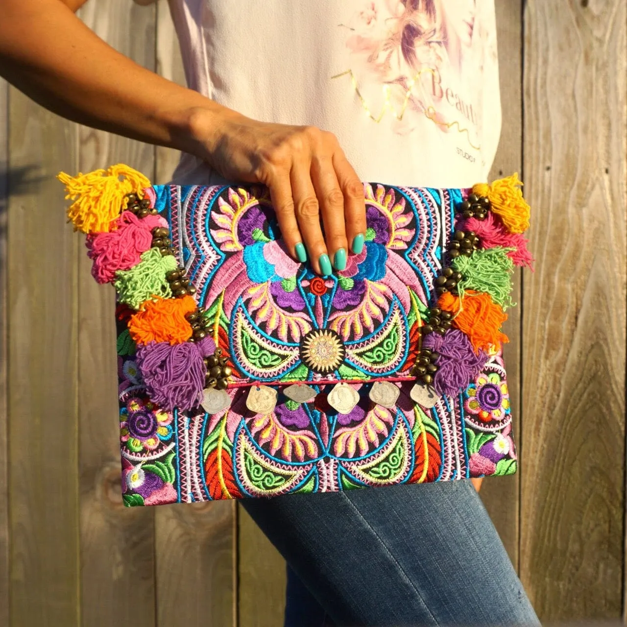 Colorful Embroidered Clutch - Tassel Clutch Bag - Bohemian Style