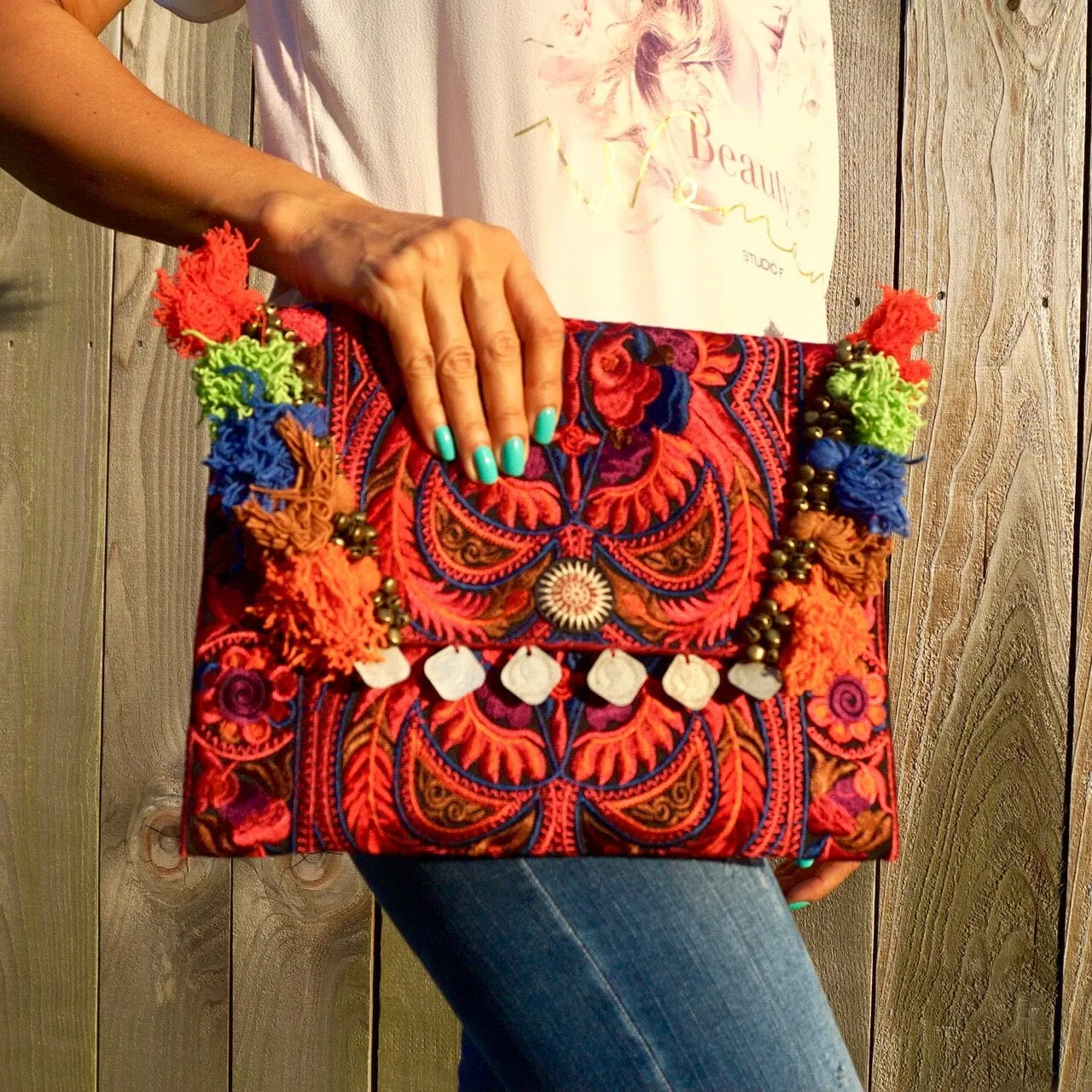 Colorful Embroidered Clutch - Tassel Clutch Bag - Bohemian Style