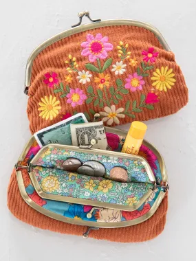 Embroidered Coin Purse - Rust Folk Flower