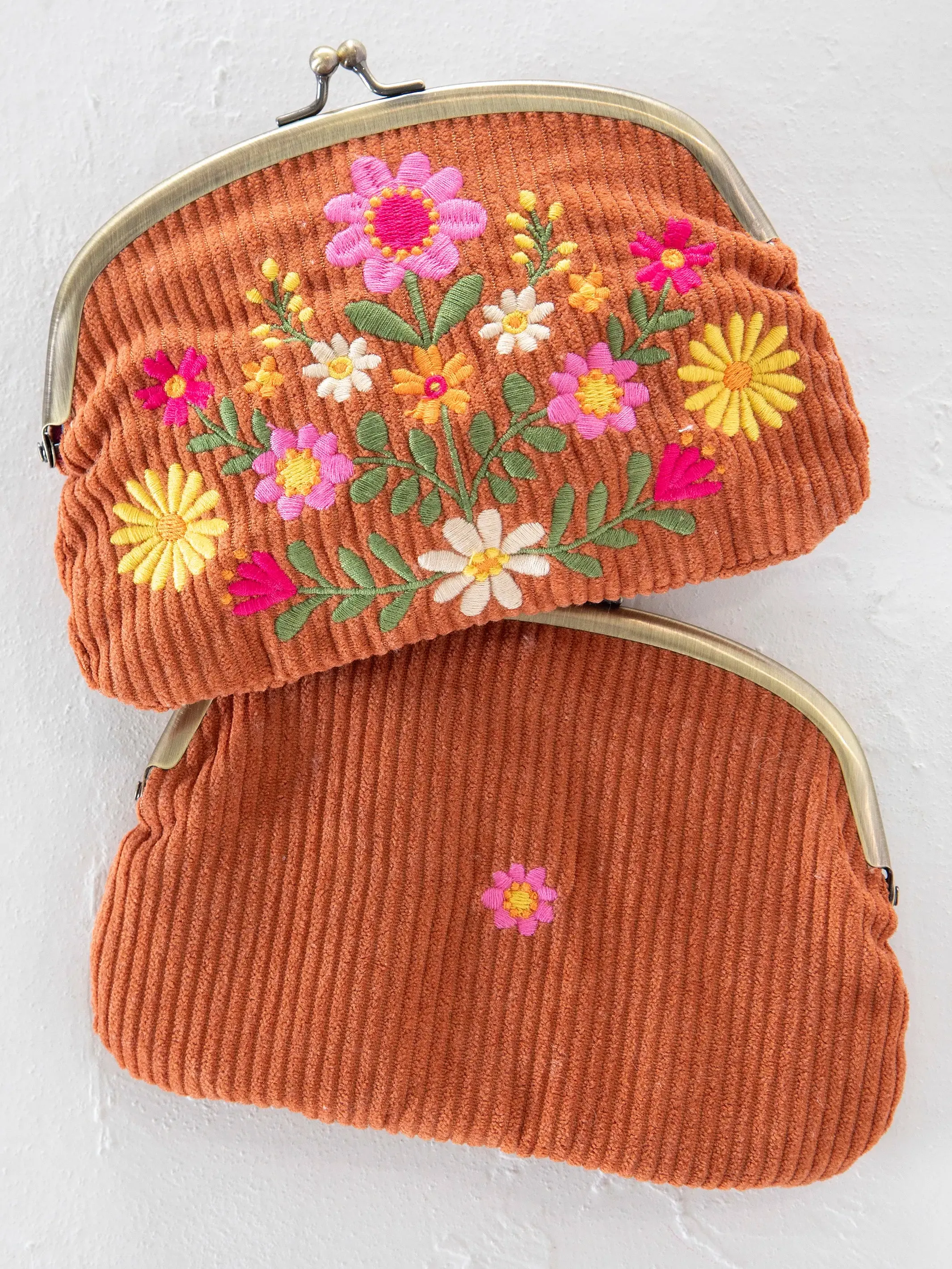 Embroidered Coin Purse - Rust Folk Flower