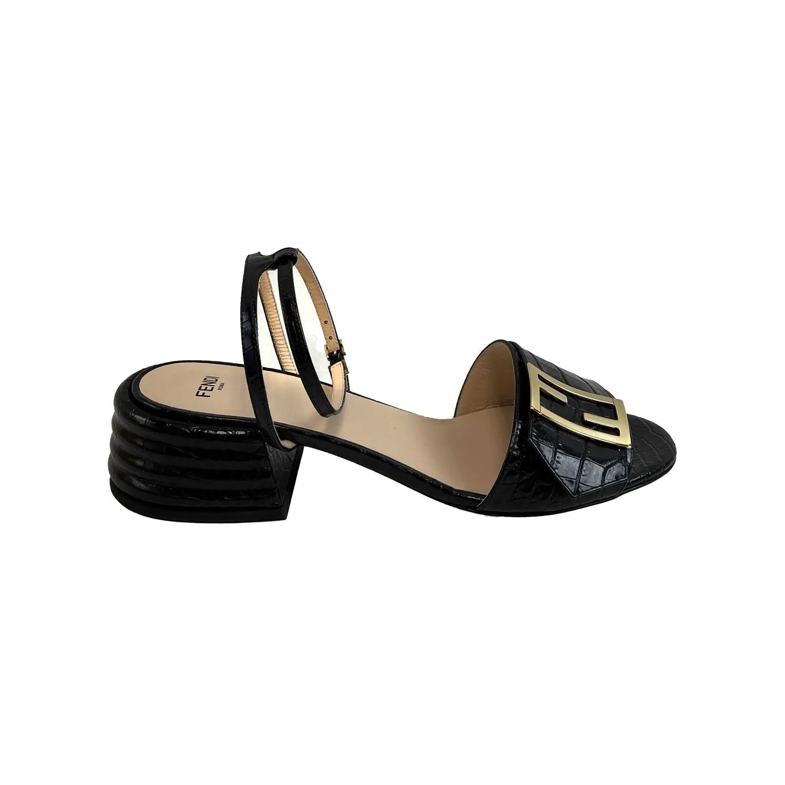 Fendi Croc Embossed Promenade Sandals Black 38 US 8 Shoes NEW With Box