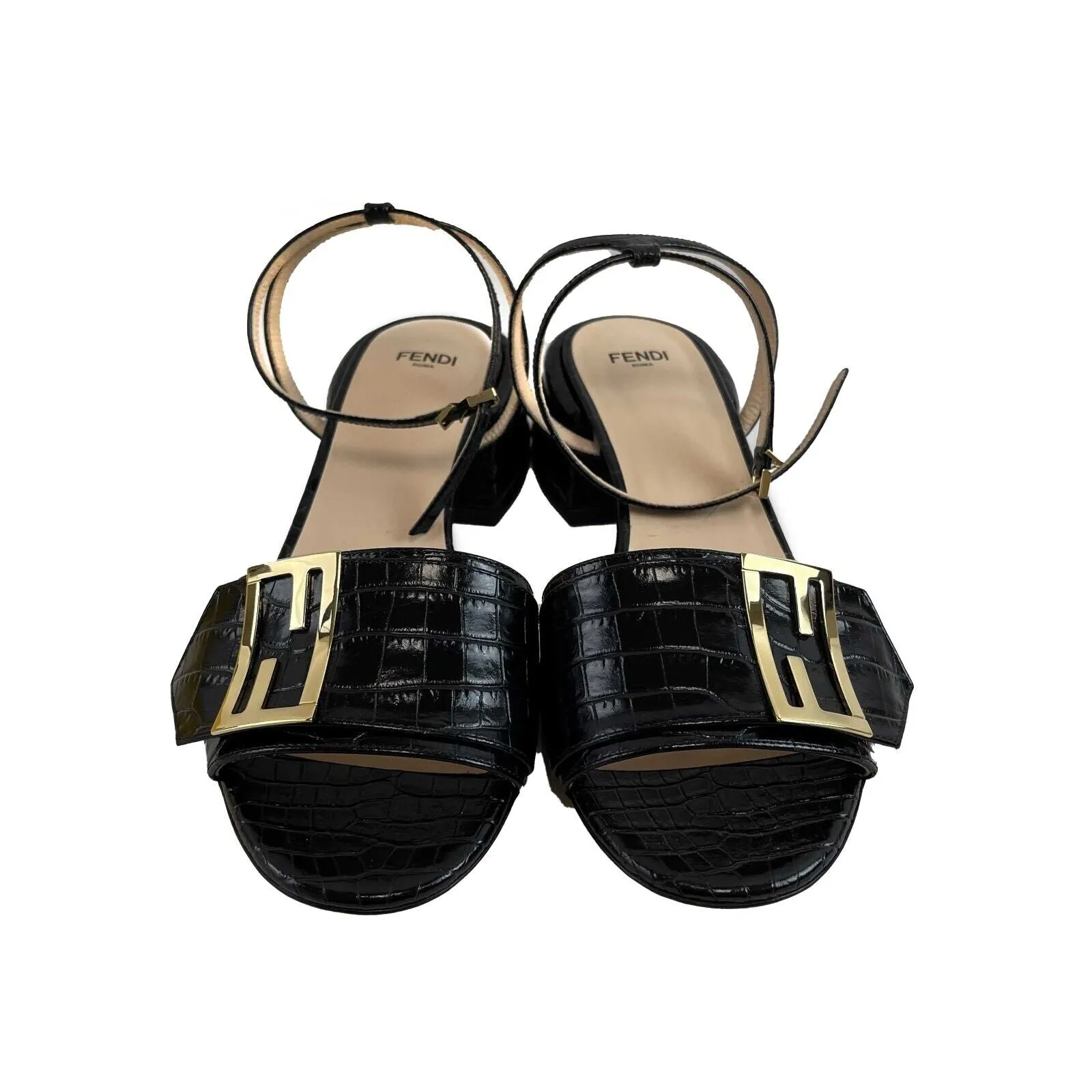 Fendi Croc Embossed Promenade Sandals Black 38 US 8 Shoes NEW With Box