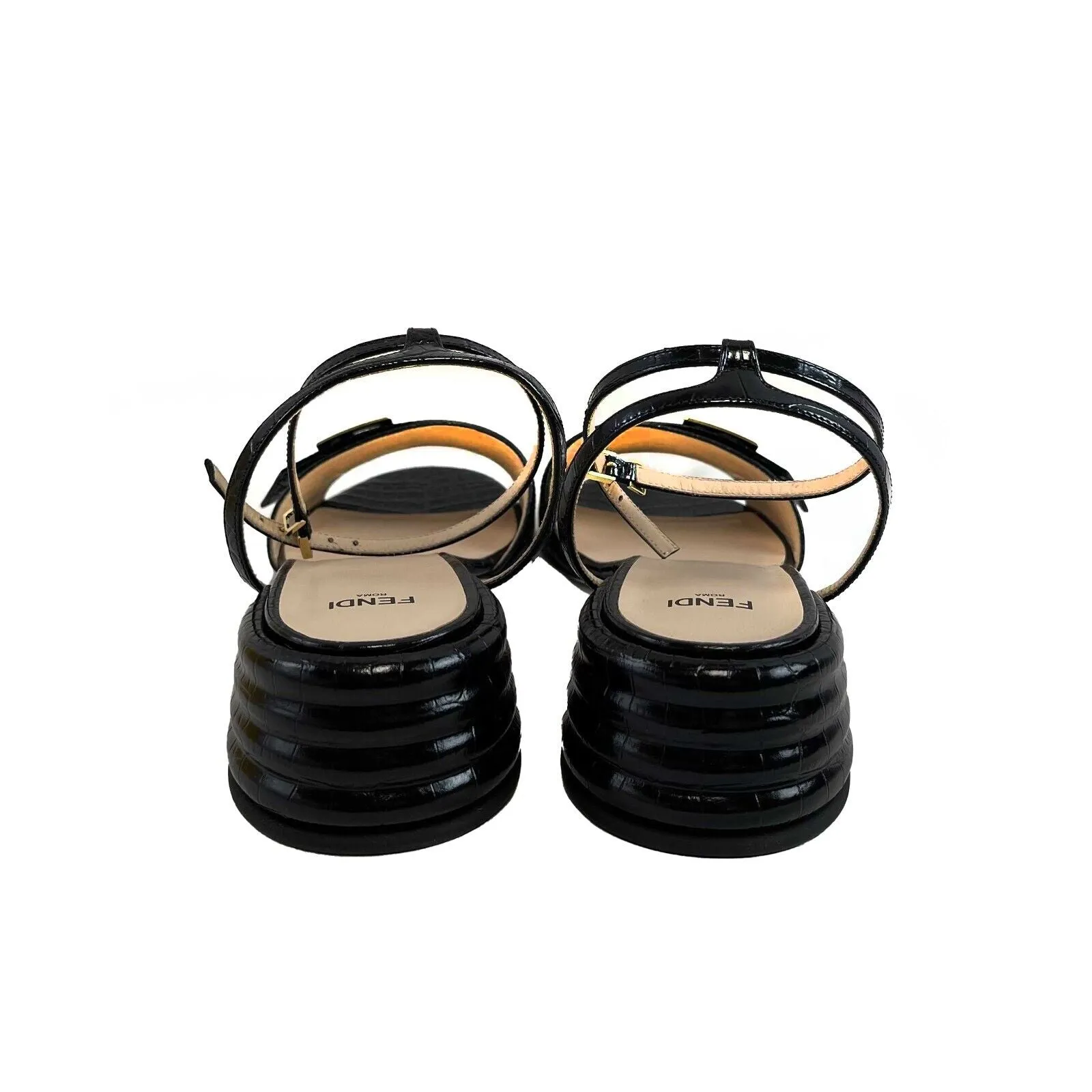 Fendi Croc Embossed Promenade Sandals Black 38 US 8 Shoes NEW With Box