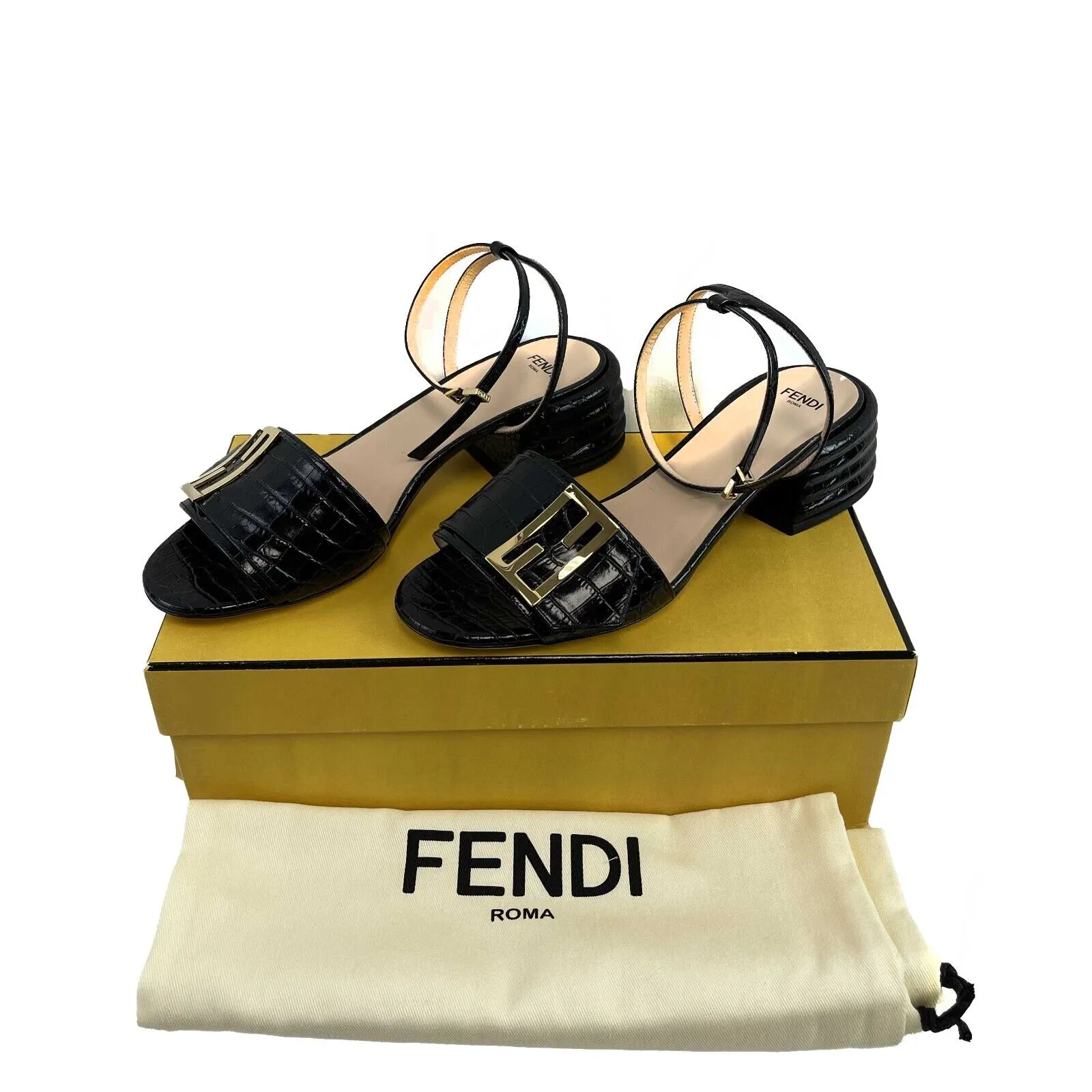 Fendi Croc Embossed Promenade Sandals Black 38 US 8 Shoes NEW With Box