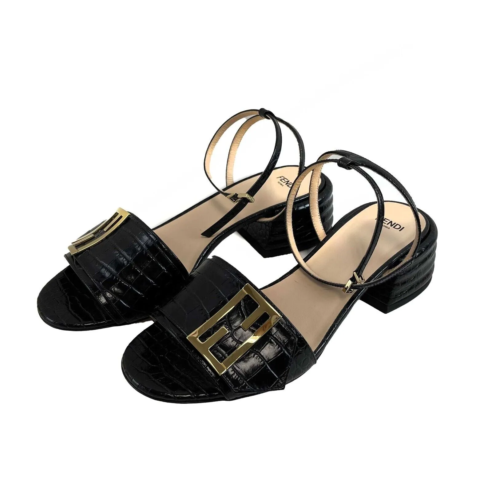 Fendi Croc Embossed Promenade Sandals Black 38 US 8 Shoes NEW With Box