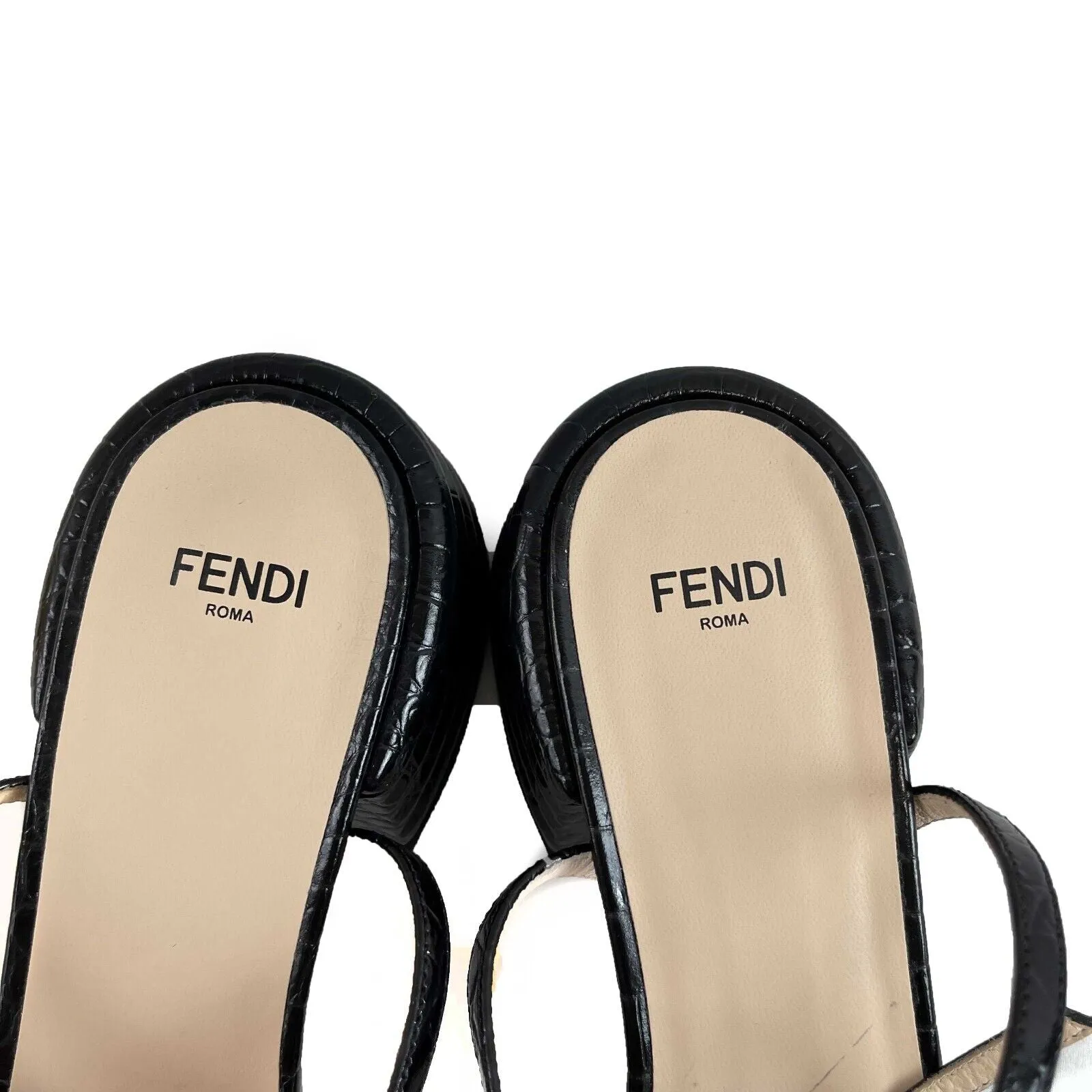 Fendi Croc Embossed Promenade Sandals Black 38 US 8 Shoes NEW With Box