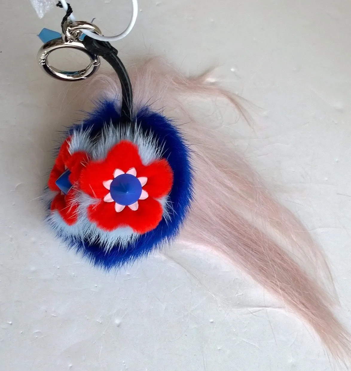 Red and Blue Floral Fendi Fur Bag Charm Keychain - Fashion Accessory