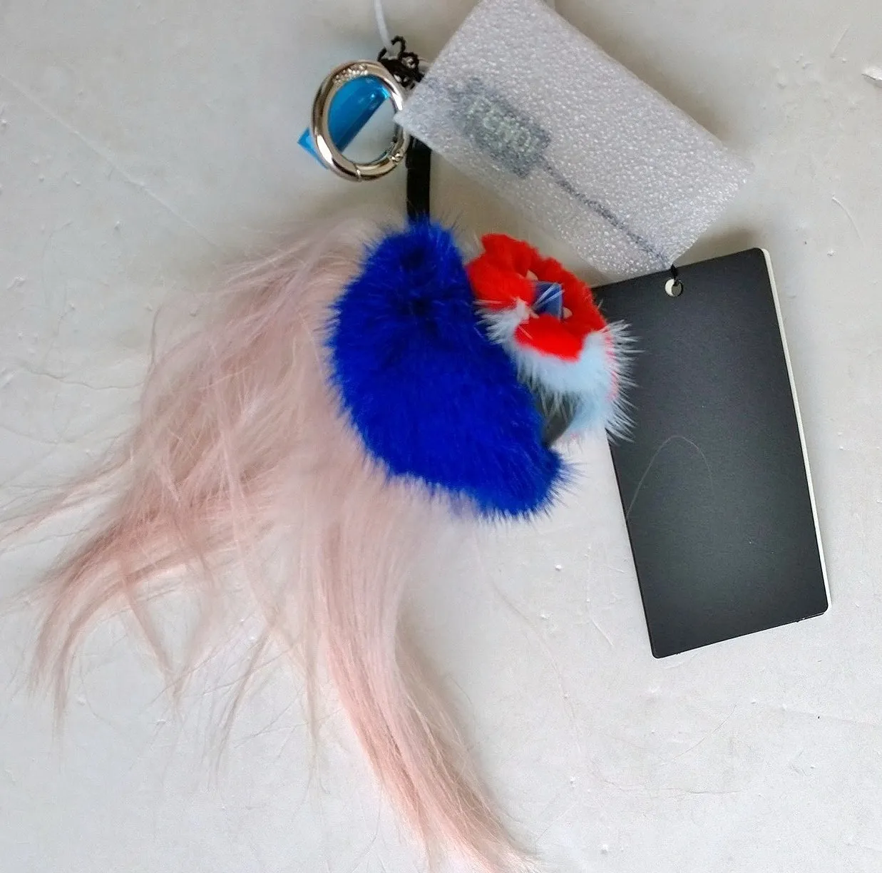 Red and Blue Floral Fendi Fur Bag Charm Keychain - Fashion Accessory