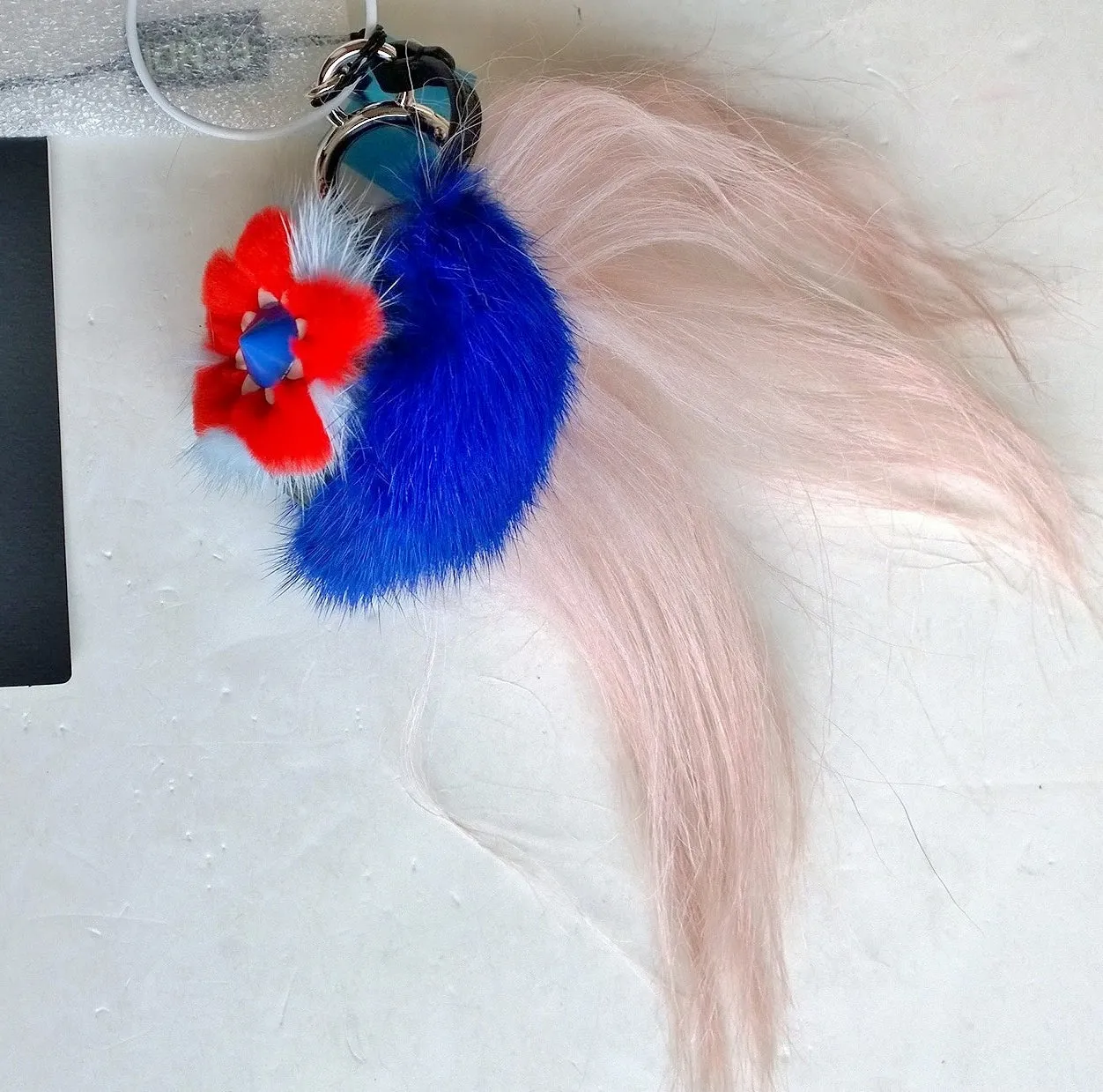 Red and Blue Floral Fendi Fur Bag Charm Keychain - Fashion Accessory