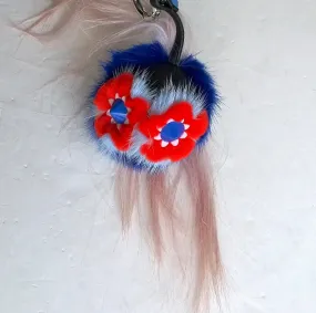 Red and Blue Floral Fendi Fur Bag Charm Keychain - Fashion Accessory