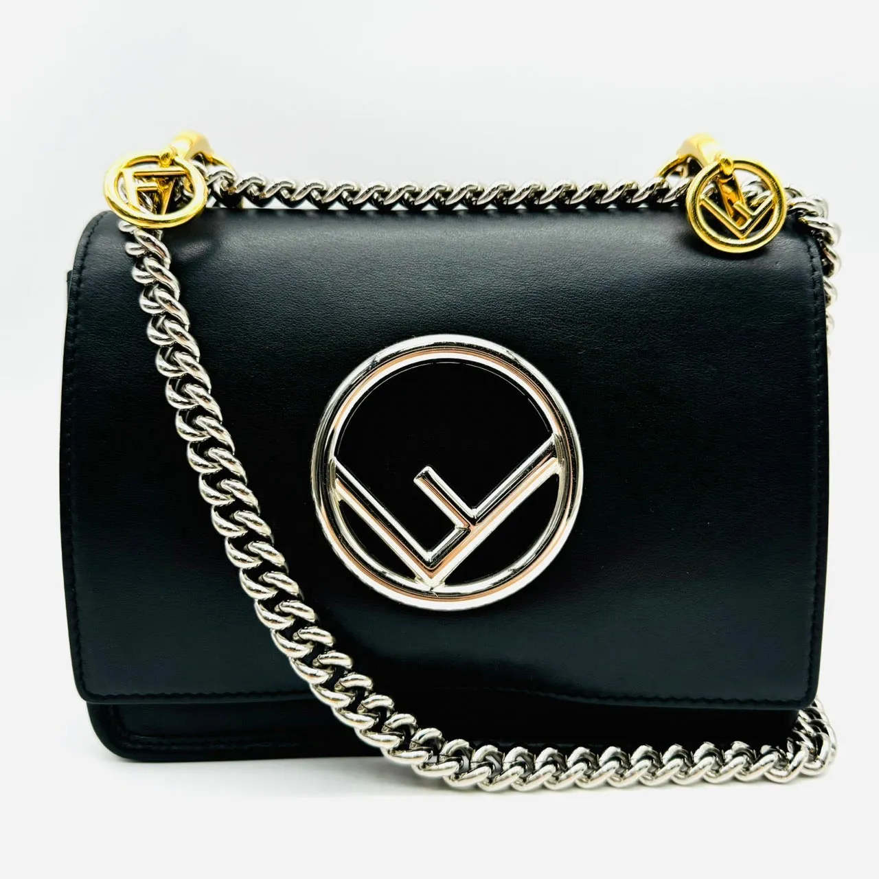 FENDI Mini Canai F Chain Shoulder Bag Black