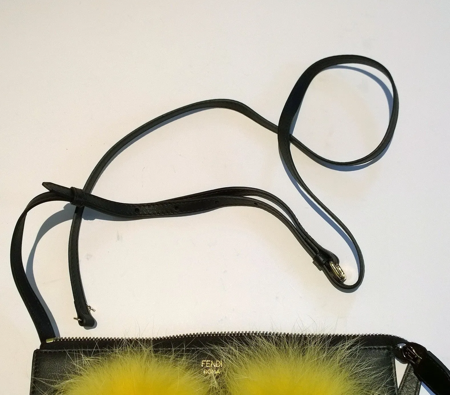 Fendi Monster Black Leather Clutch Crossbody Bag Fur Eyes Handbag