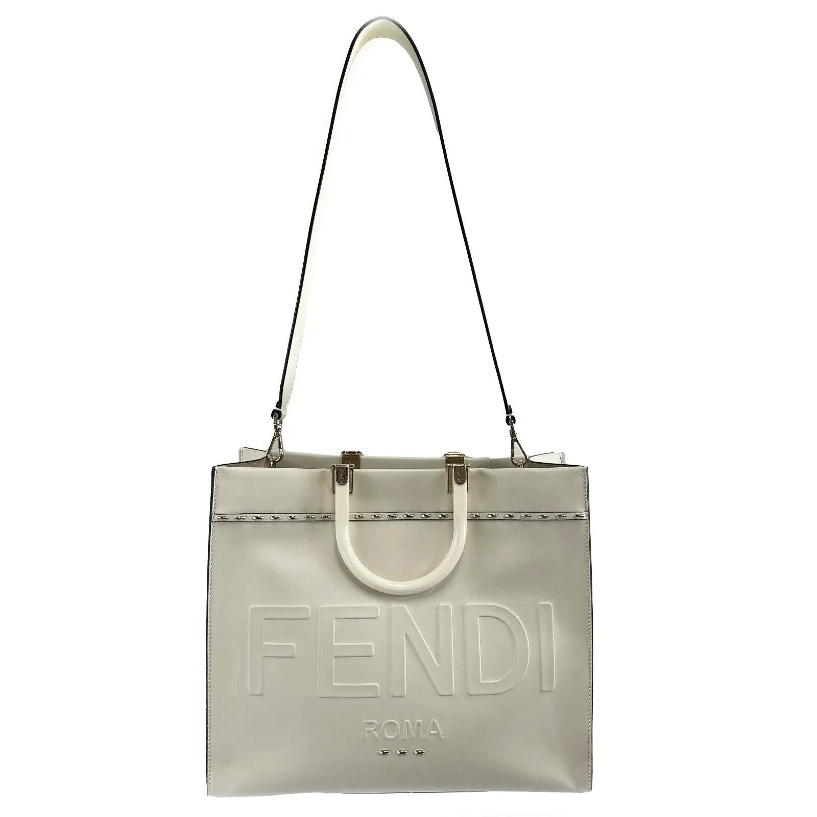 FENDI - Plexiglass Handle Sunshine Medium Cream Shopper Tote w/ Shoulder Strap