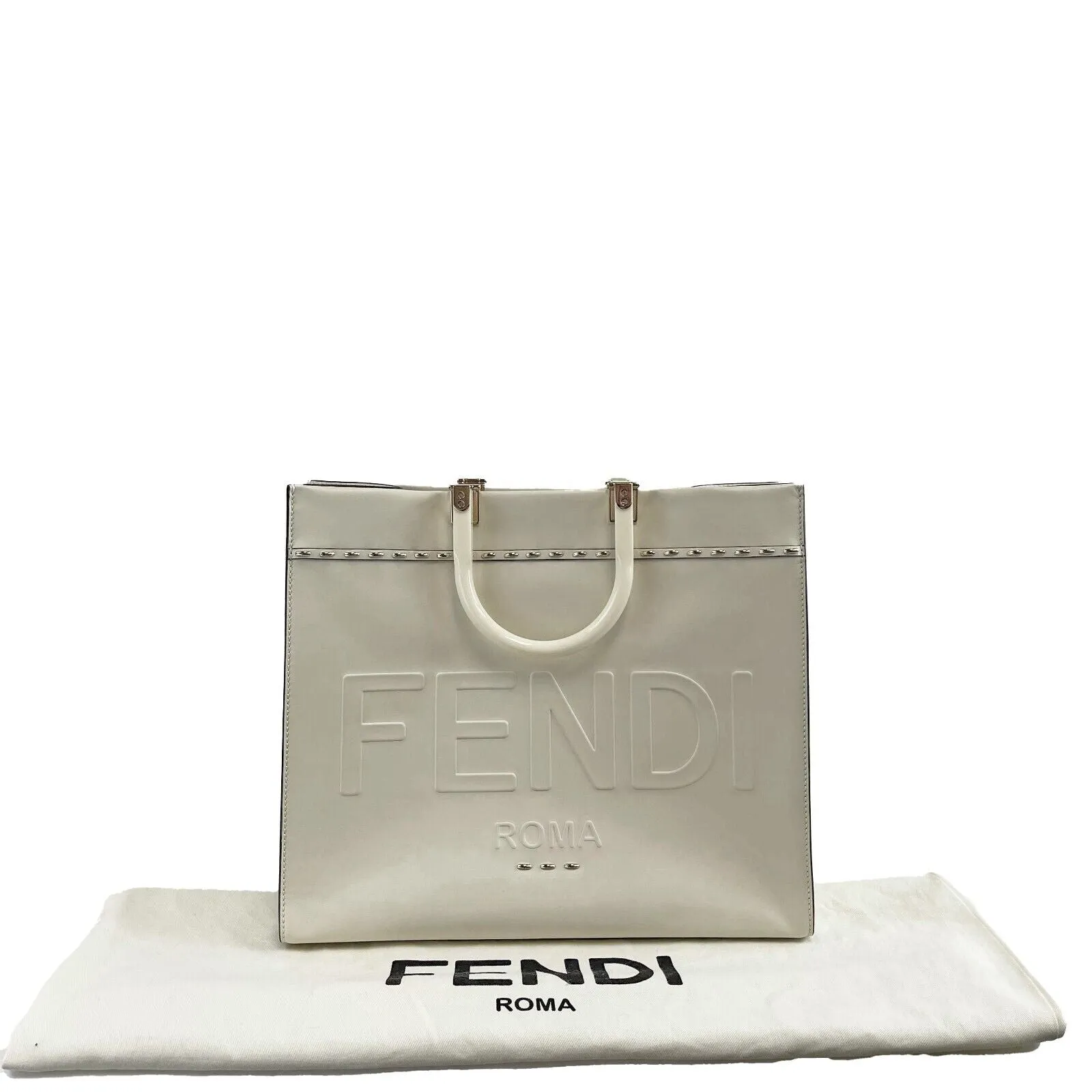 FENDI - Plexiglass Handle Sunshine Medium Cream Shopper Tote w/ Shoulder Strap