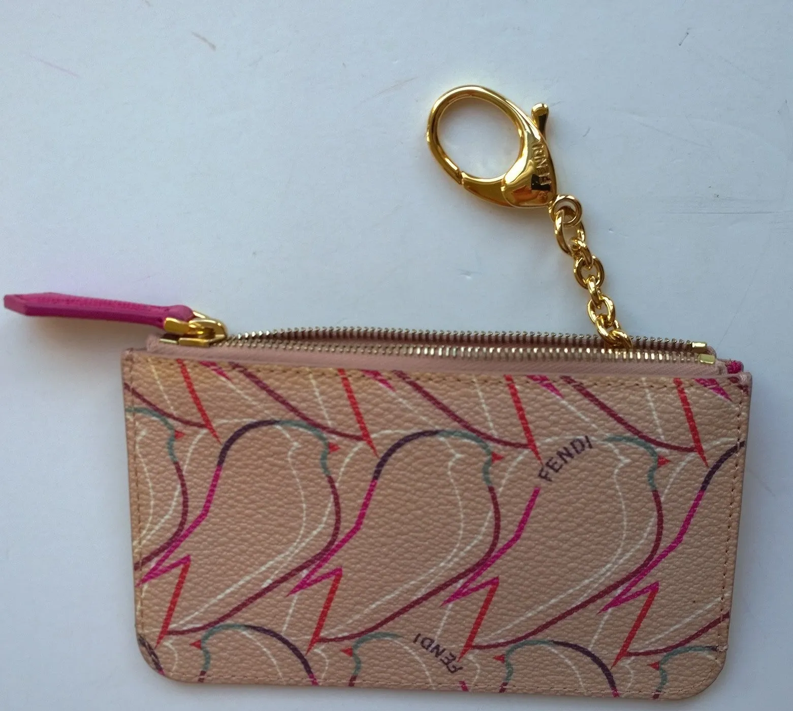 Fendi Qutweet Pink Leather Coin Purse Card Case with Keychain