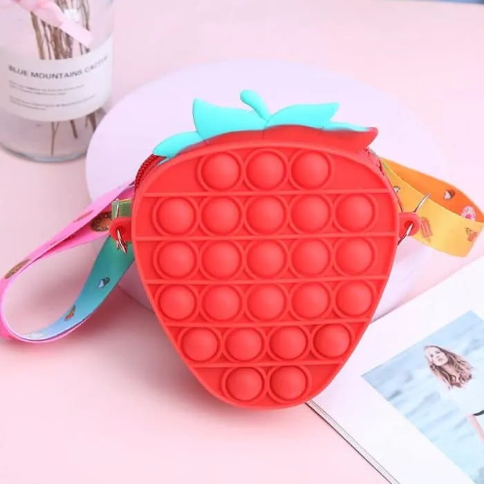 Fruit Shaped Crossbody Pop It Fidget Purse for Girls, Strawberry Pineapple Silicone Fidget Toys Bubble Bag with Adjustable Shoulder Strap