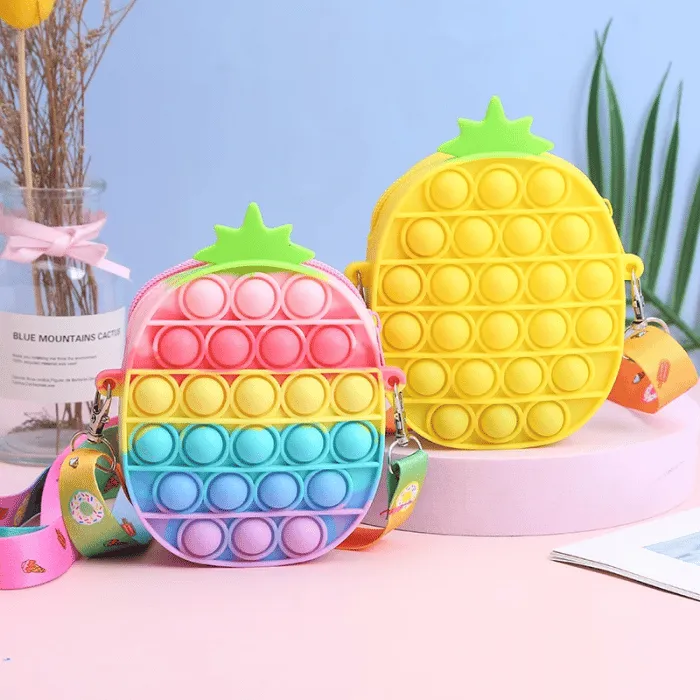 Fruit Shaped Crossbody Pop It Fidget Purse for Girls, Strawberry Pineapple Silicone Fidget Toys Bubble Bag with Adjustable Shoulder Strap