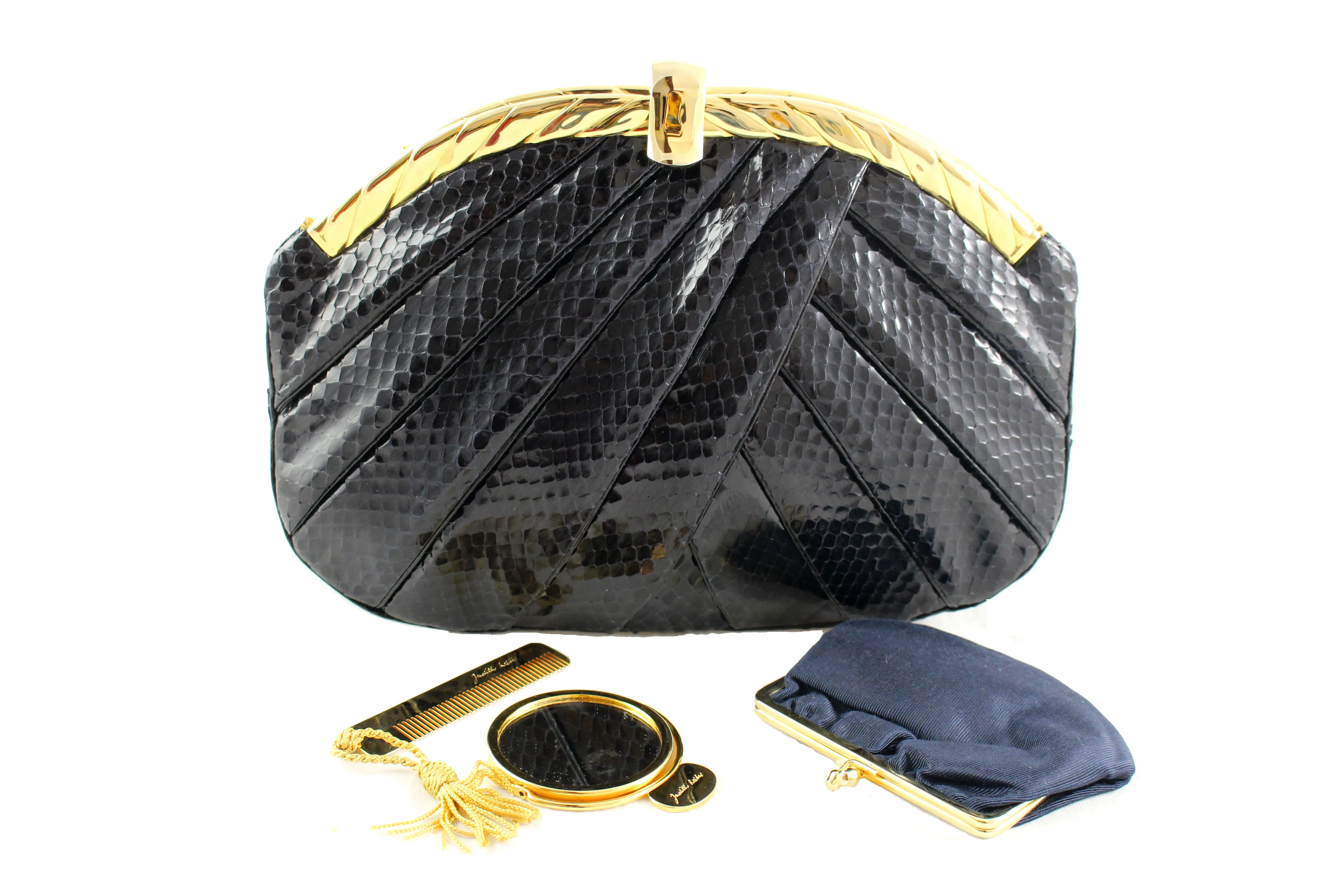 JUDITH LEIBER black snake skin pleated handbag