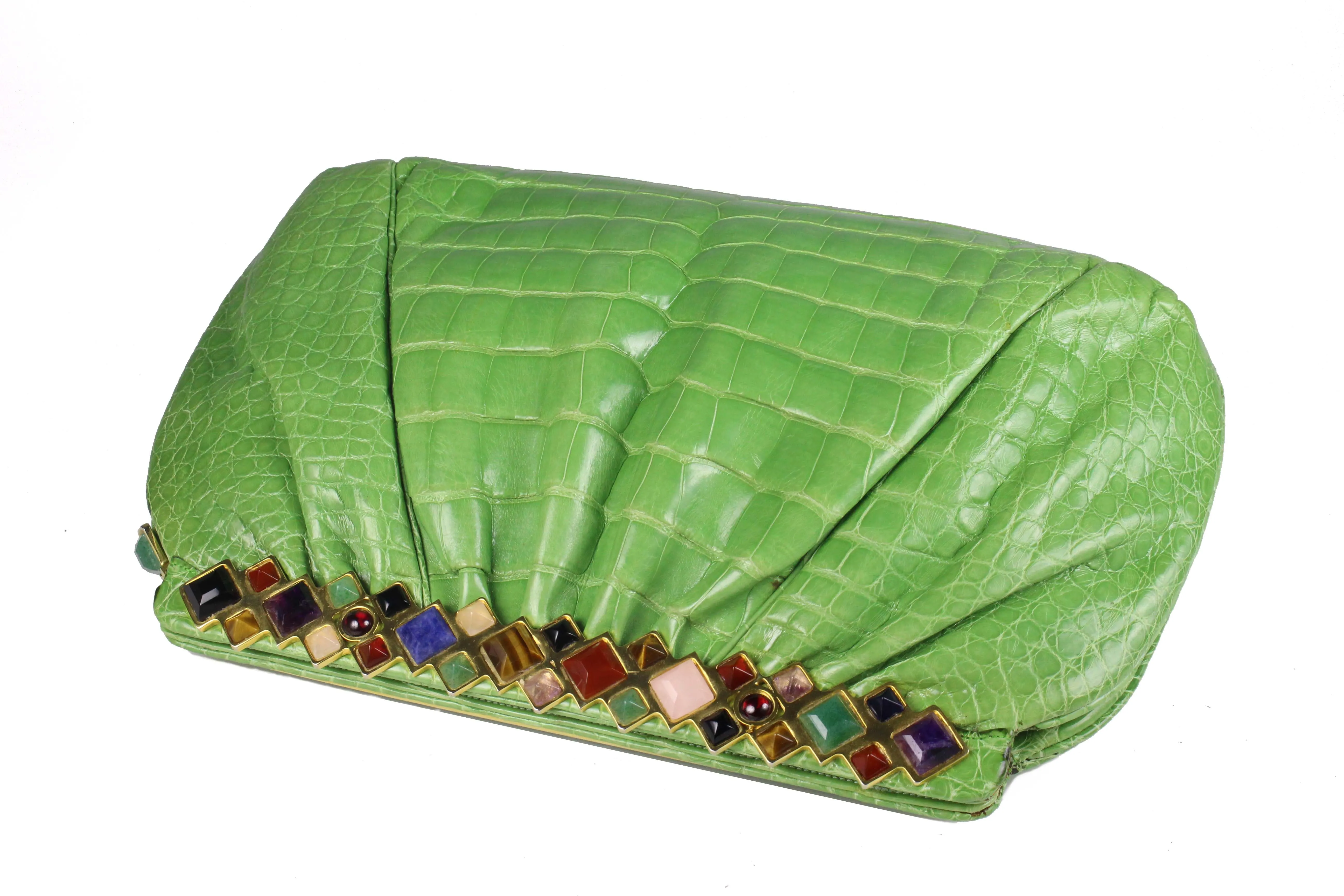 JUDITH LEIBER green crocodile skin jewel frame clutch handbag