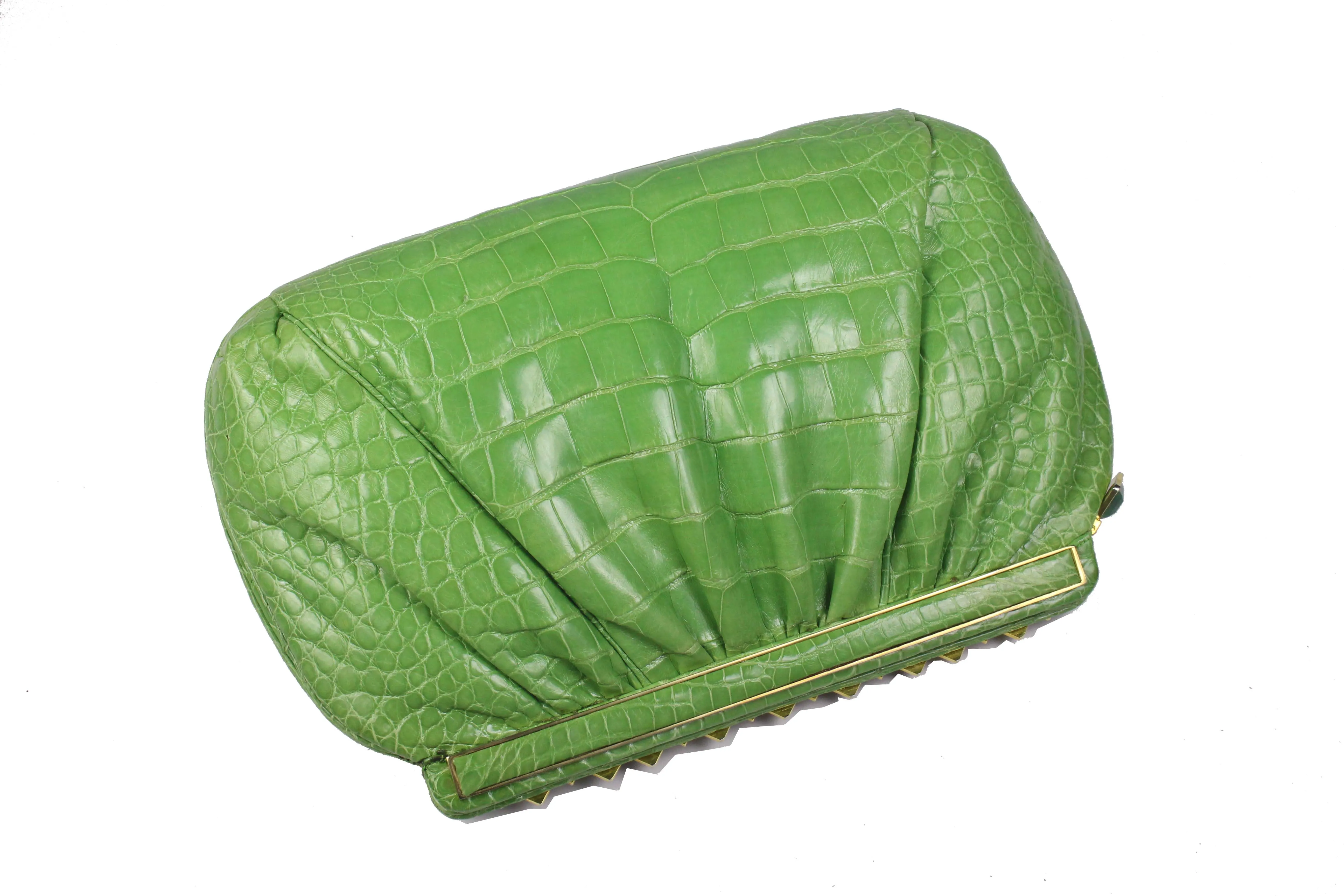 JUDITH LEIBER green crocodile skin jewel frame clutch handbag