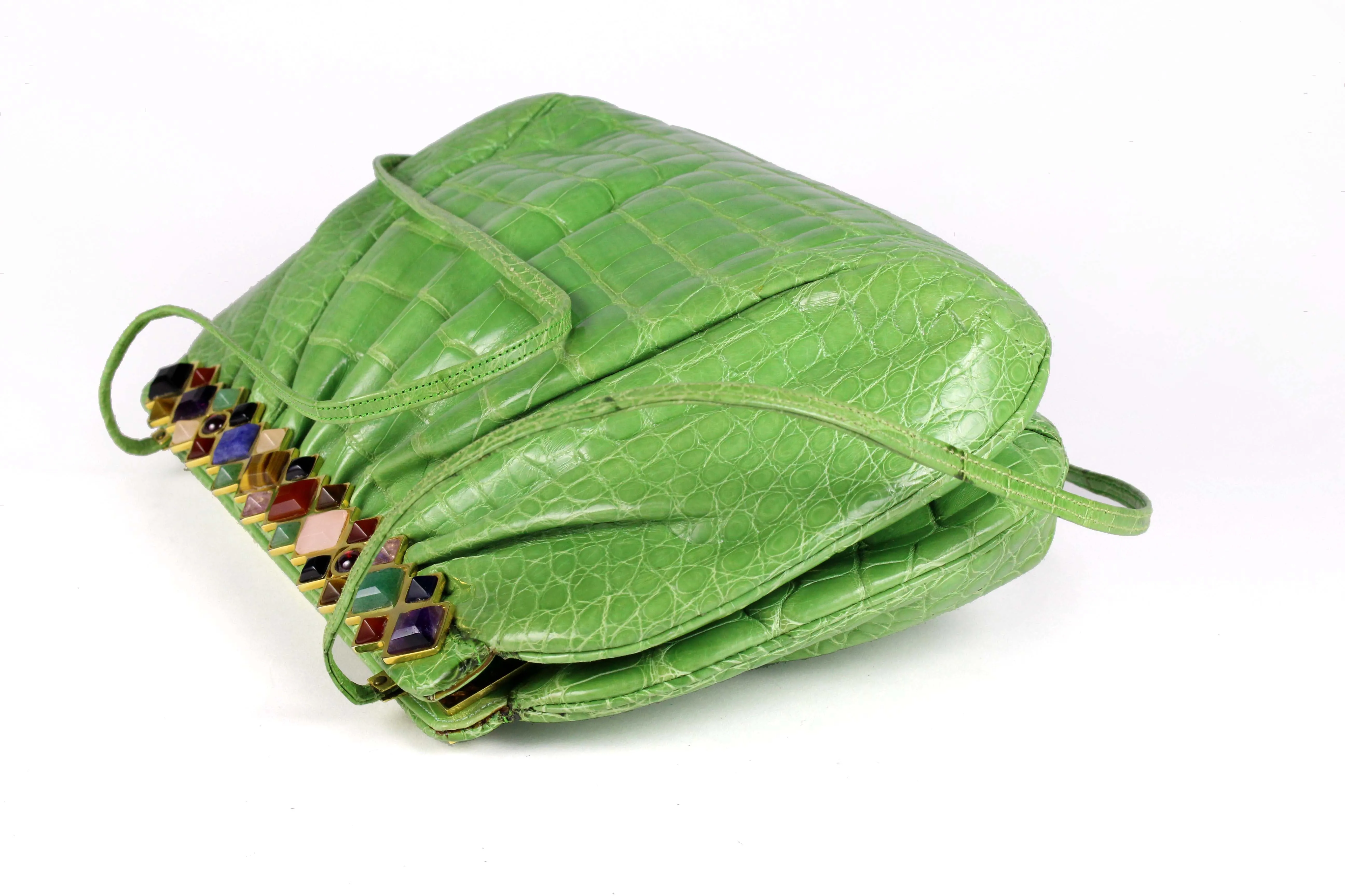 JUDITH LEIBER green crocodile skin jewel frame clutch handbag