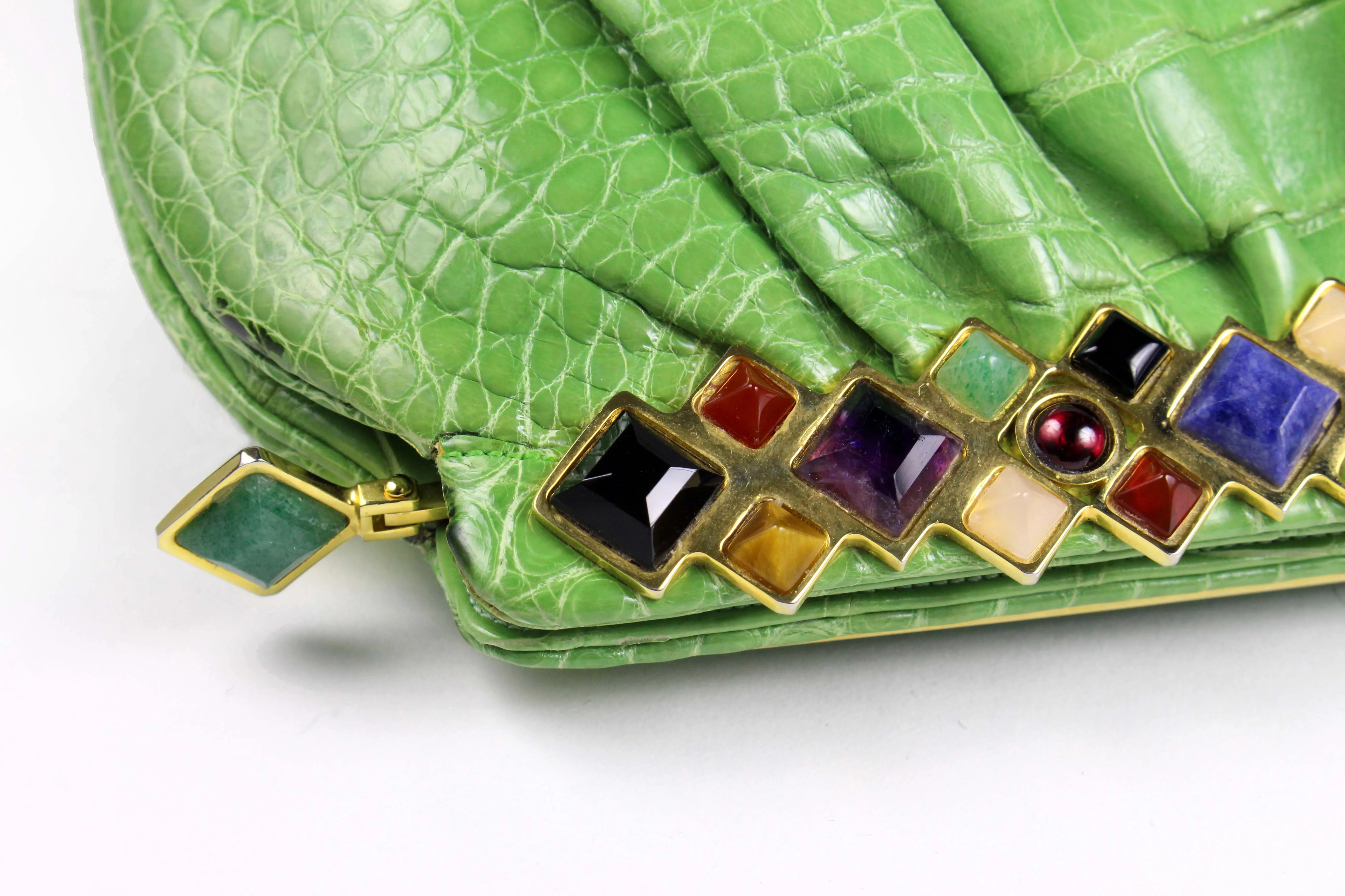 JUDITH LEIBER green crocodile skin jewel frame clutch handbag