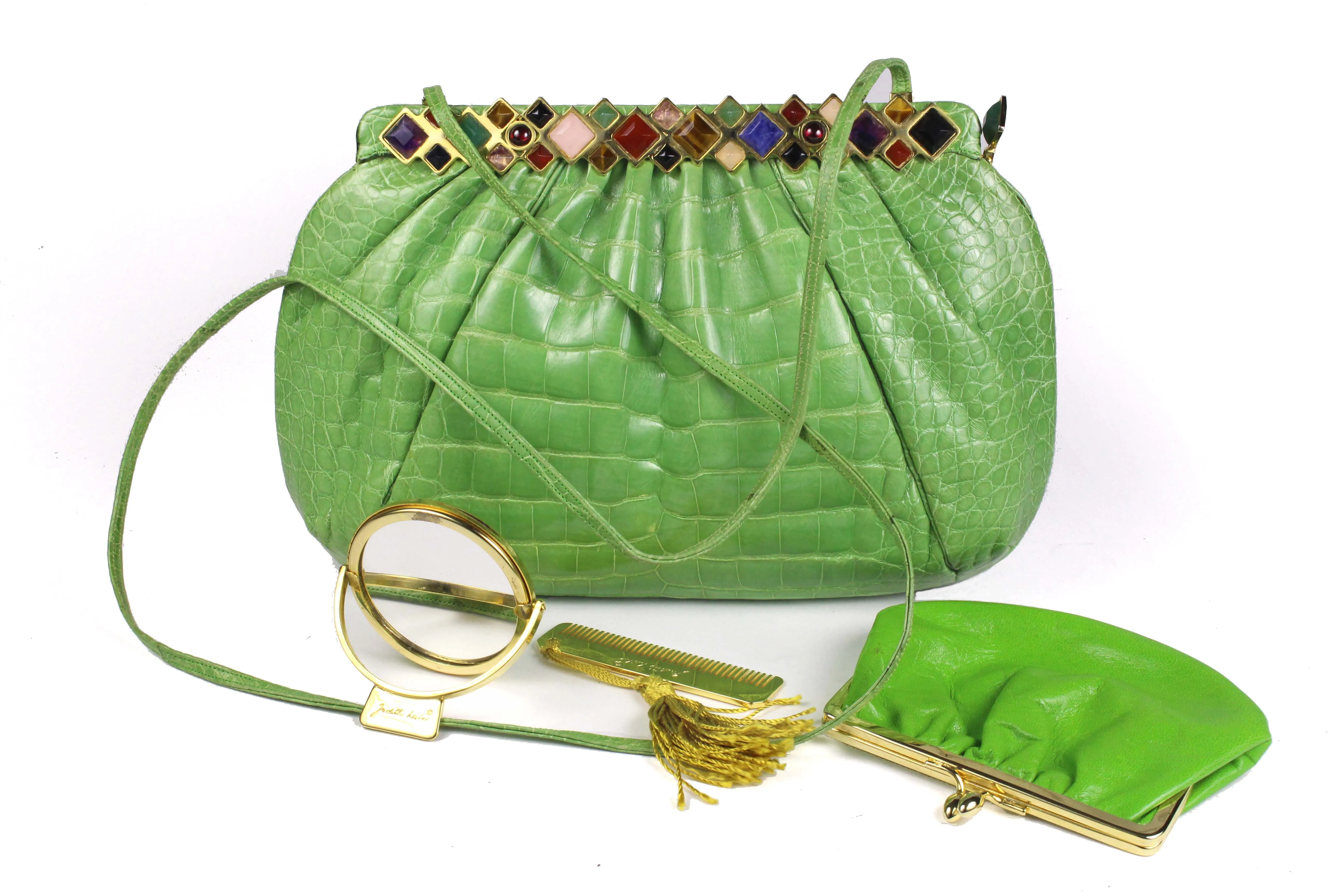 JUDITH LEIBER green crocodile skin jewel frame clutch handbag