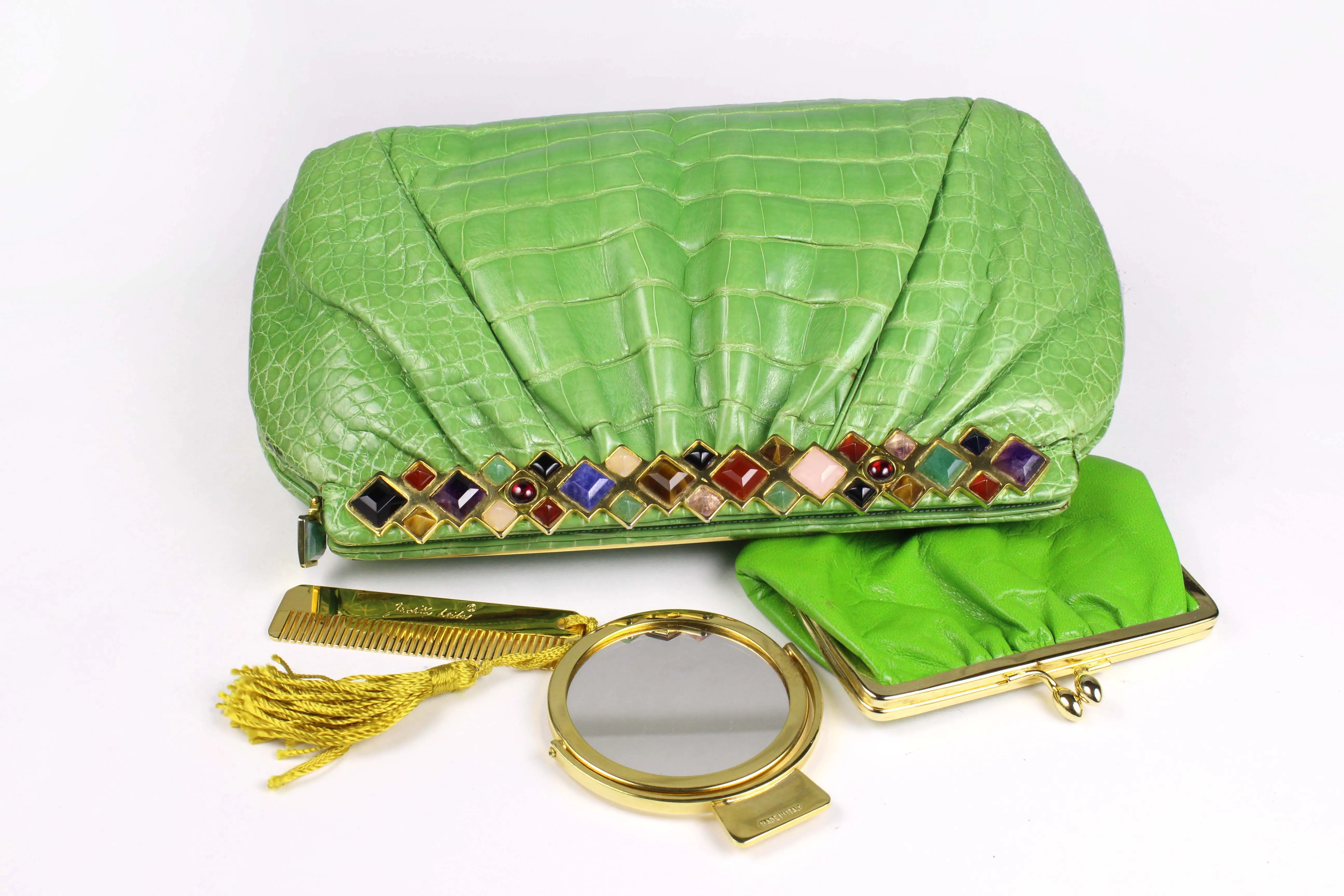 JUDITH LEIBER green crocodile skin jewel frame clutch handbag