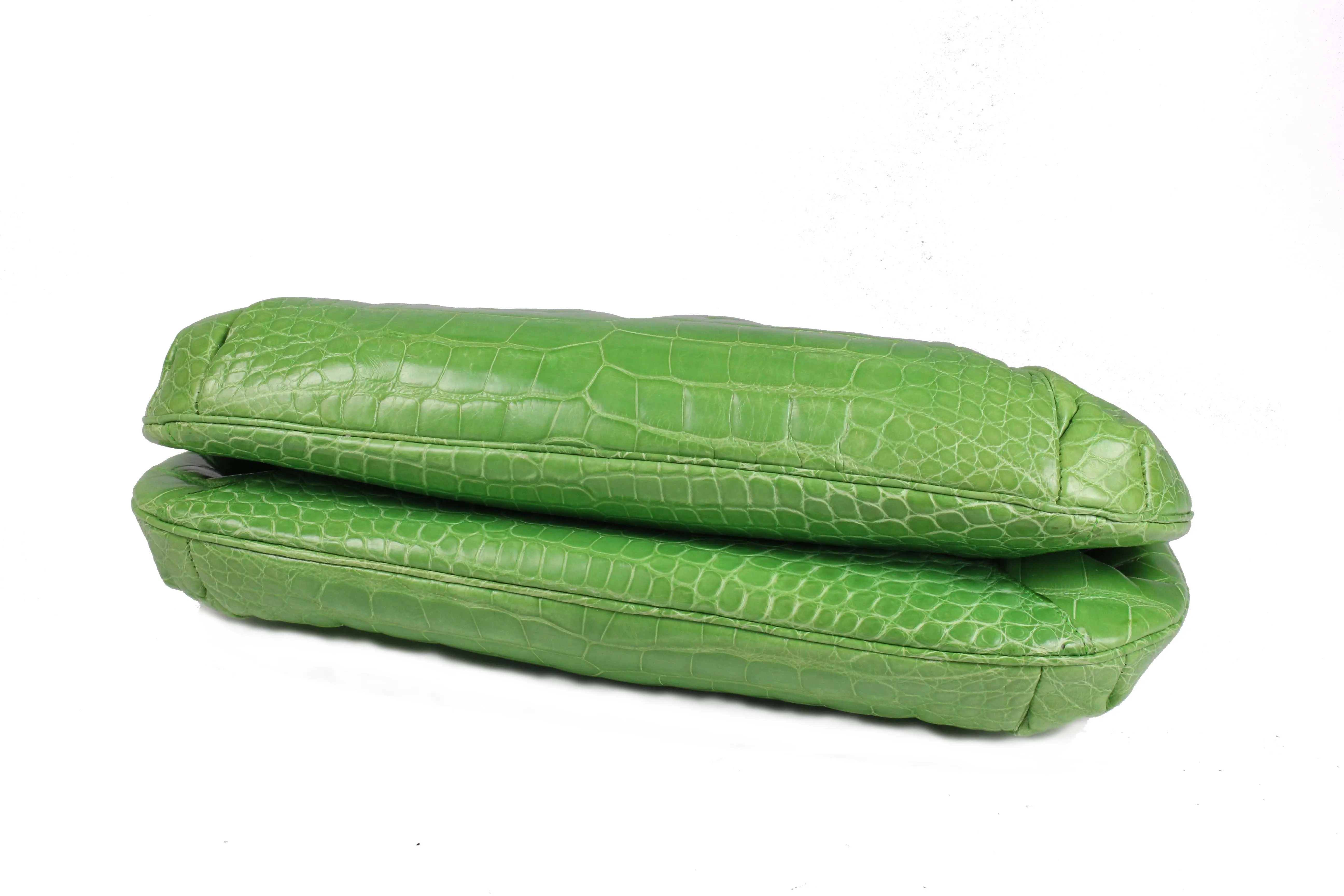 JUDITH LEIBER green crocodile skin jewel frame clutch handbag