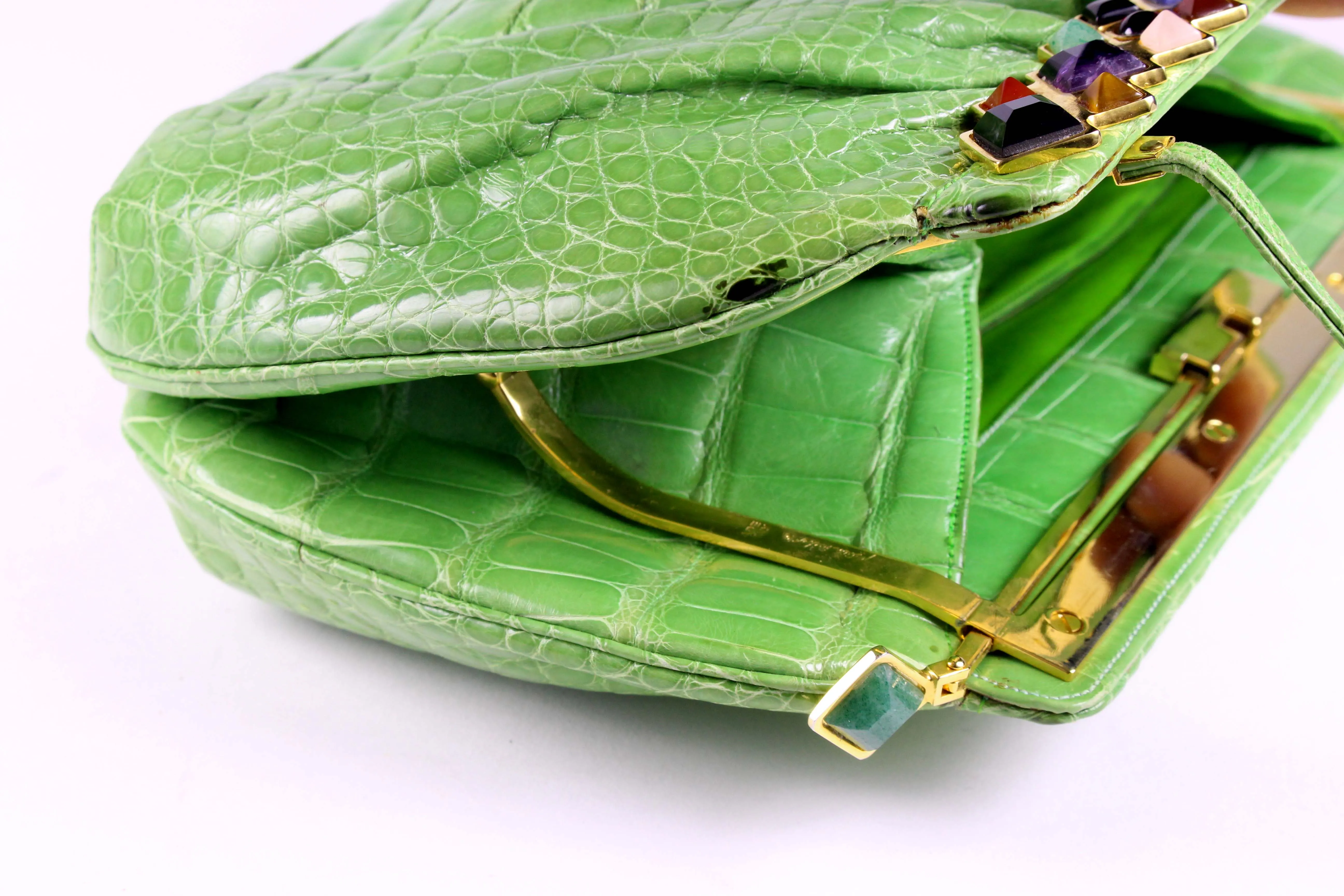 JUDITH LEIBER green crocodile skin jewel frame clutch handbag