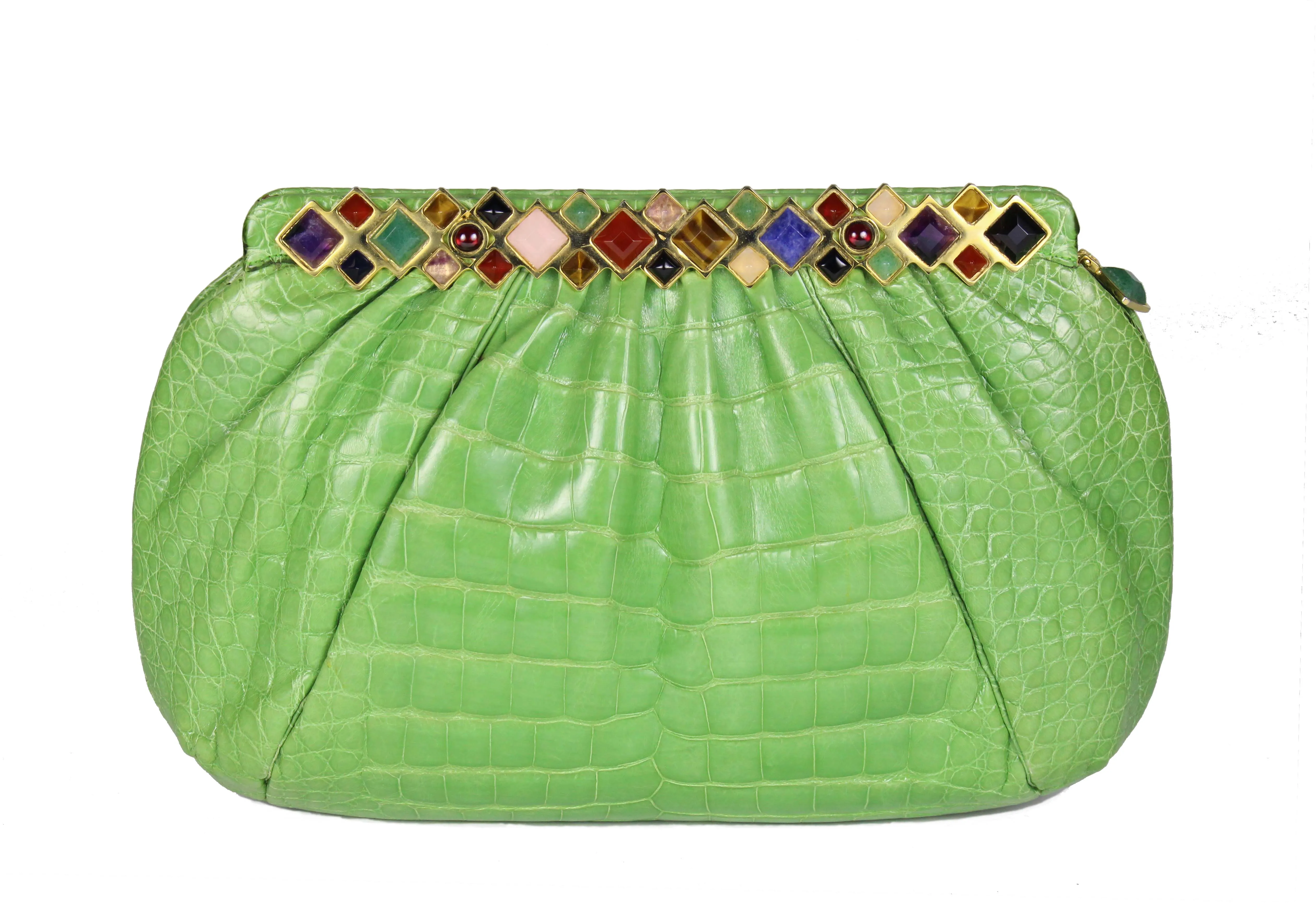 JUDITH LEIBER green crocodile skin jewel frame clutch handbag