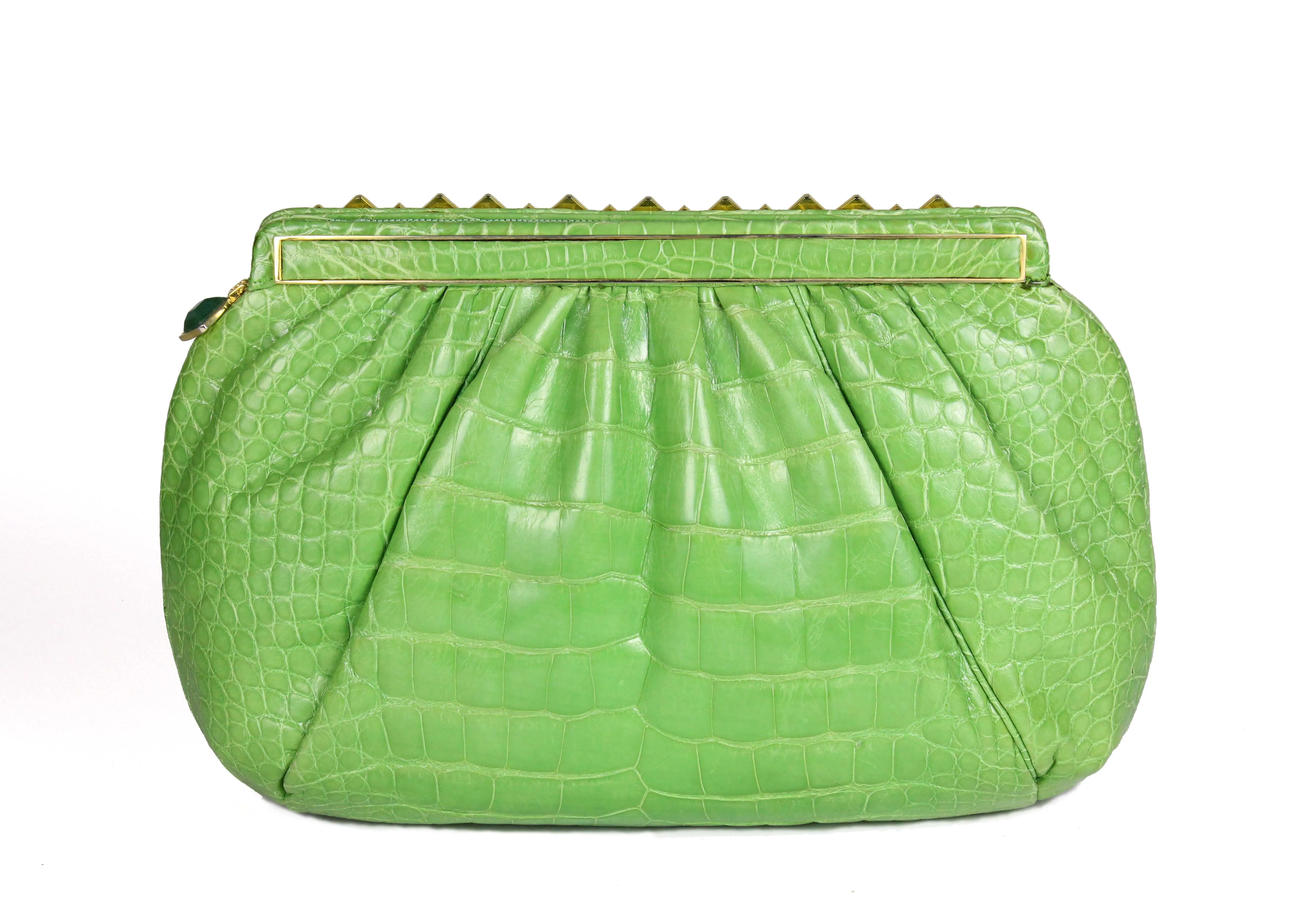 JUDITH LEIBER green crocodile skin jewel frame clutch handbag