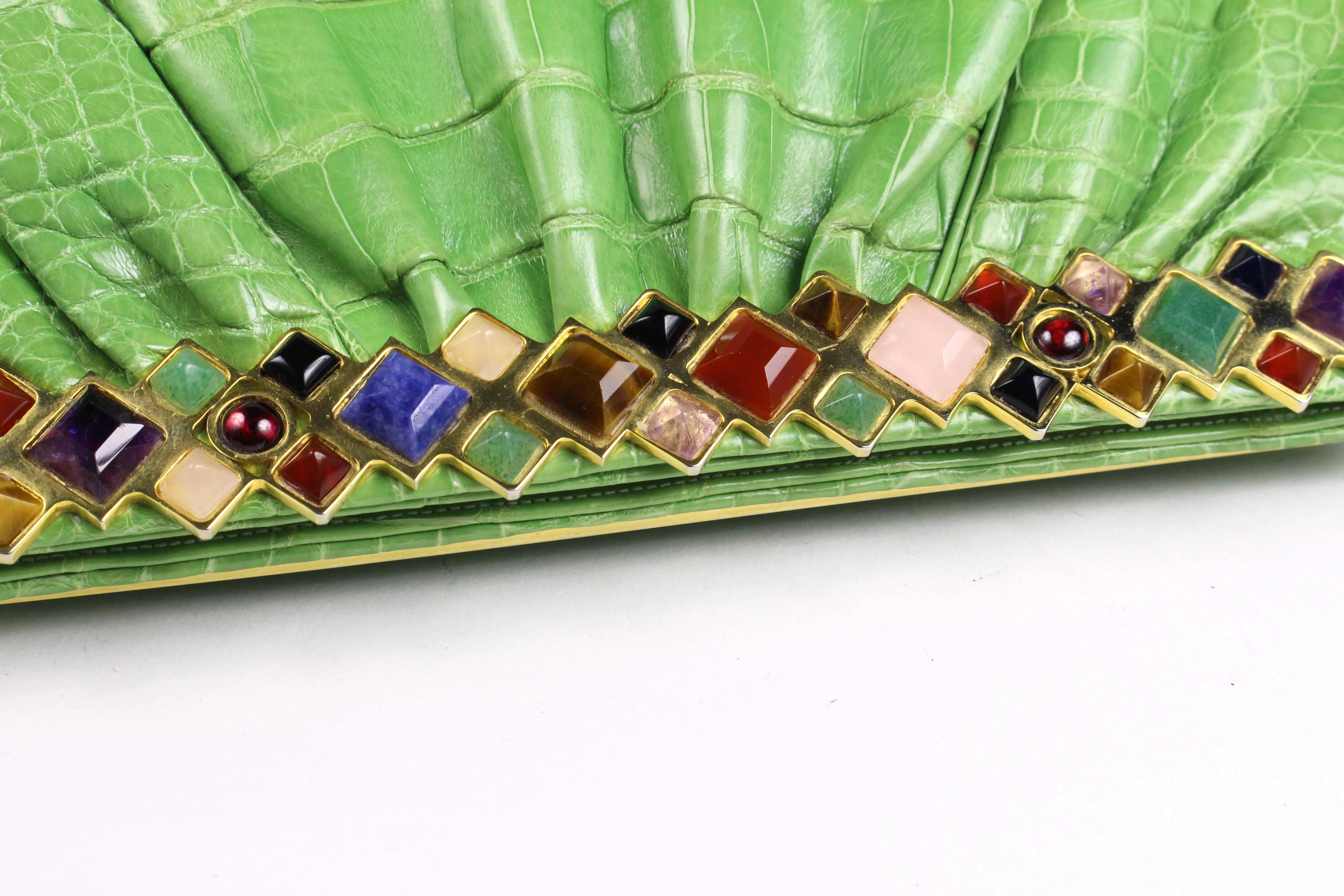 JUDITH LEIBER green crocodile skin jewel frame clutch handbag