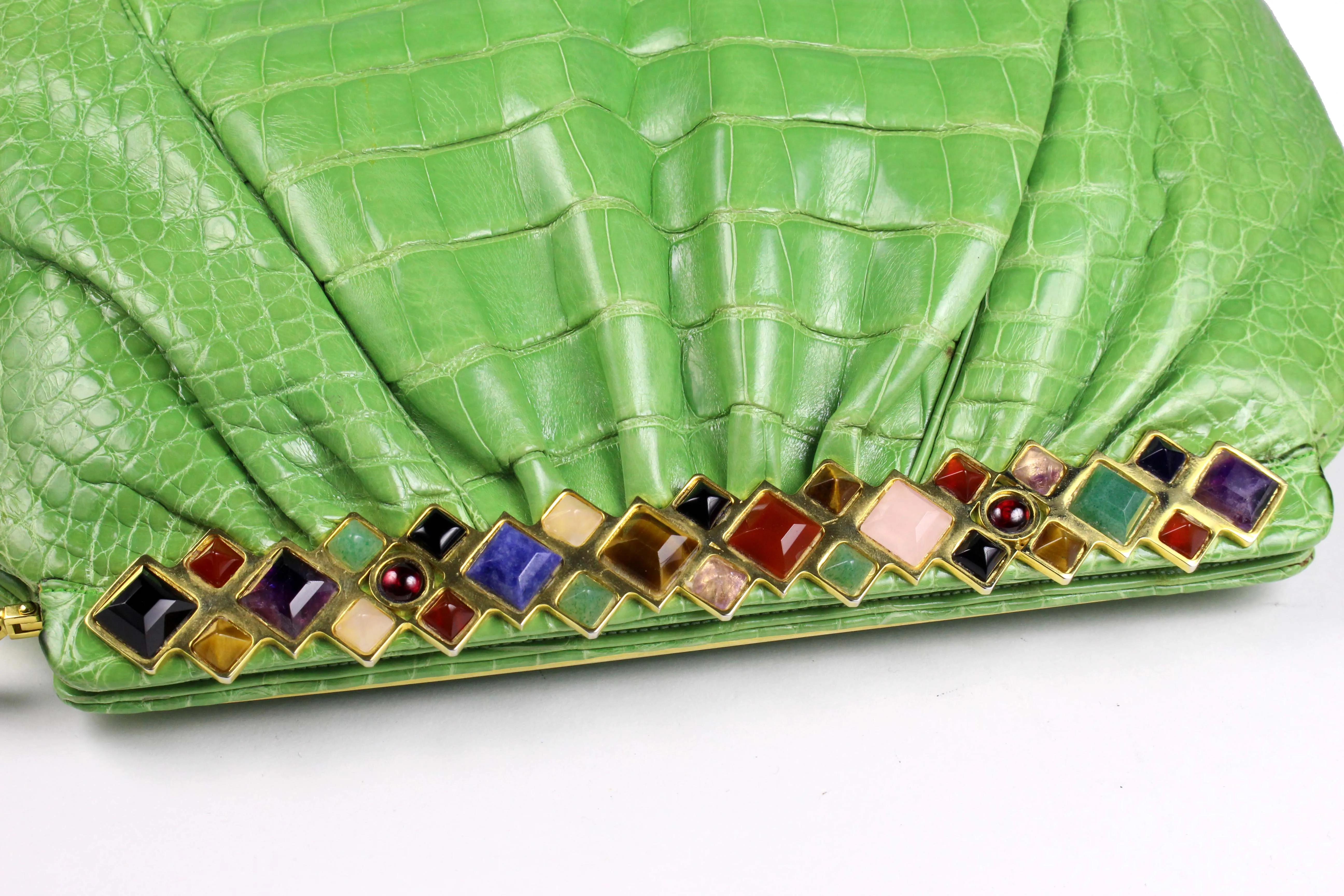 JUDITH LEIBER green crocodile skin jewel frame clutch handbag